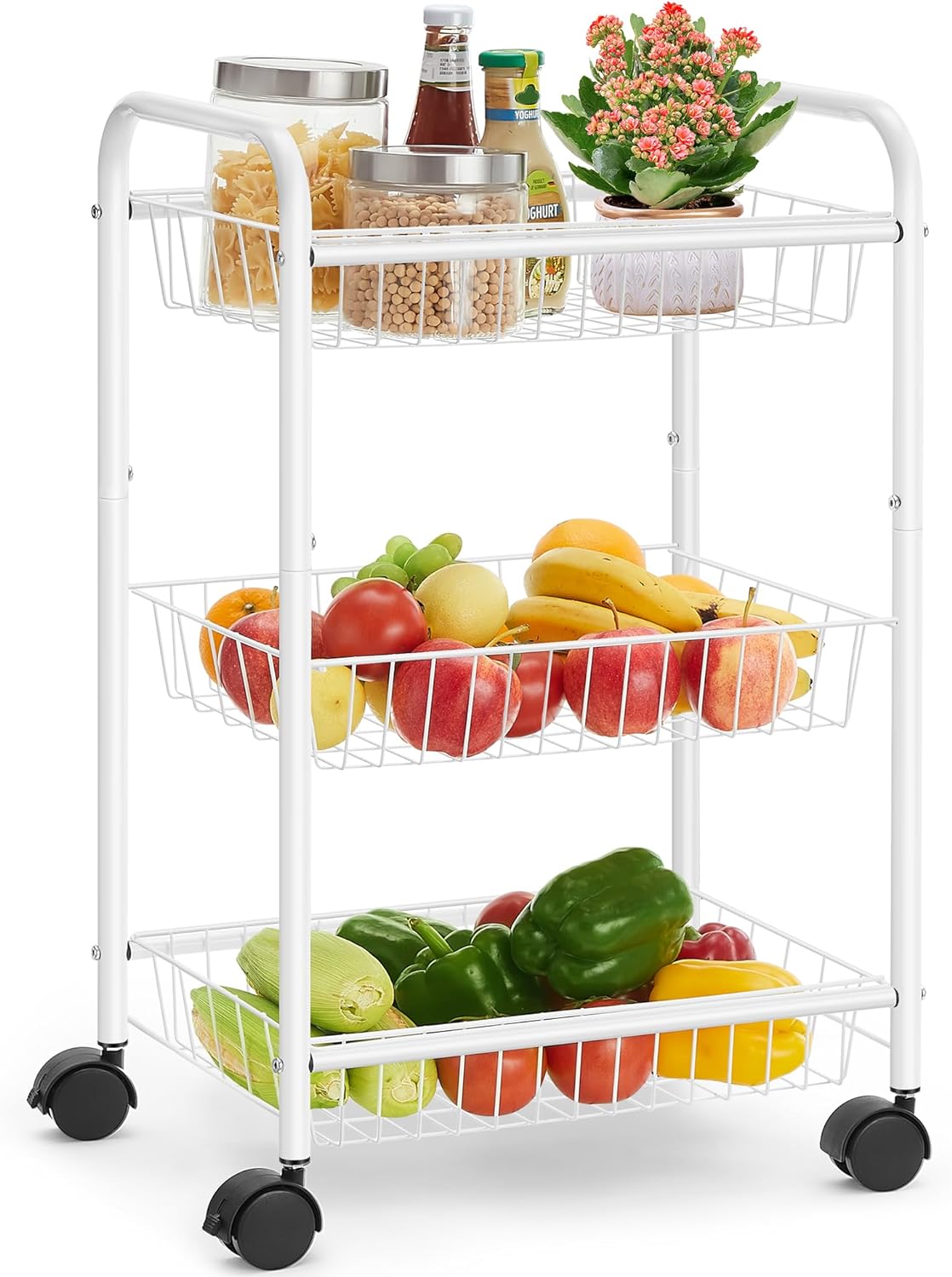 SONGMICS 3-Tier Metal Rolling Cart, Storage Cart with Removable Baskets, Utility Cart with Wheels and Handle, for Kitchen, Bathroom, Laundry Room, White UBSC003W01