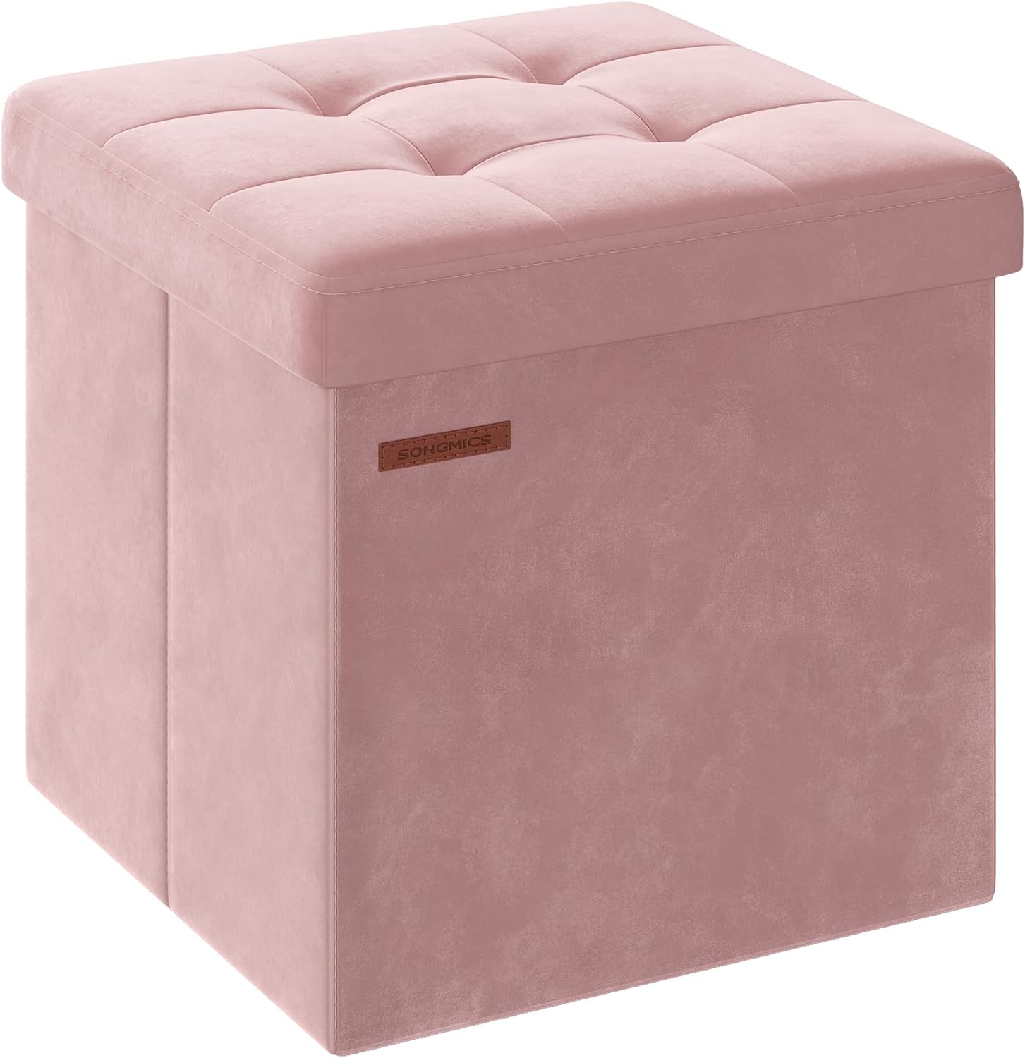 SONGMICS Small Storage Ottoman, Foldable Velvet Storage Box, Storage Chest, Foot Rest, 15 x 15 x 15 Inches, 660 lb Load Capacity, for Living Room, Bedroom, Dorm, Jelly Pink ULSF227R01