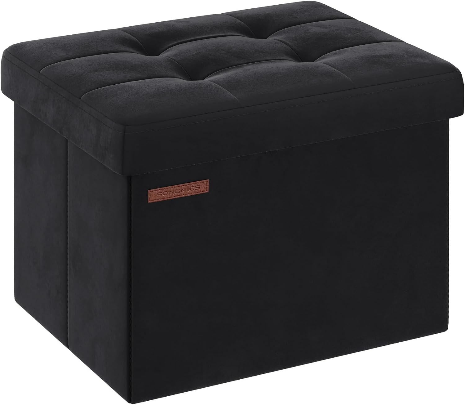 SONGMICS Small Storage Ottoman, Foldable Velvet Storage Box, Storage Chest, Foot Rest, 12.2 x 16.1 x 12.2 Inches, 286 lb Load Capacity, for Living Room, Bedroom, Dorm, Ink Black ULSF200B01