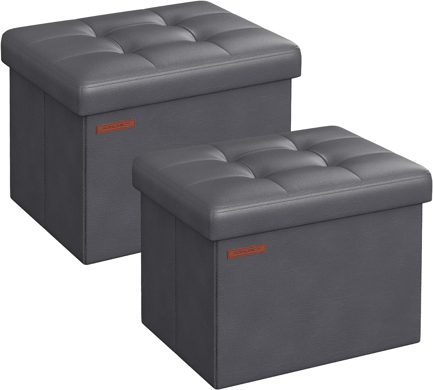 SONGMICS Small Folding Storage Ottoman, Set of 2, Foot Rest Stool, Cube Footrest, Synthetic Leather, 12.2 x 16.1 x 12.2 Inches, 286 lb Capacity, Living Room, Bedroom, Dorm, Dark Gray ULSF100G21