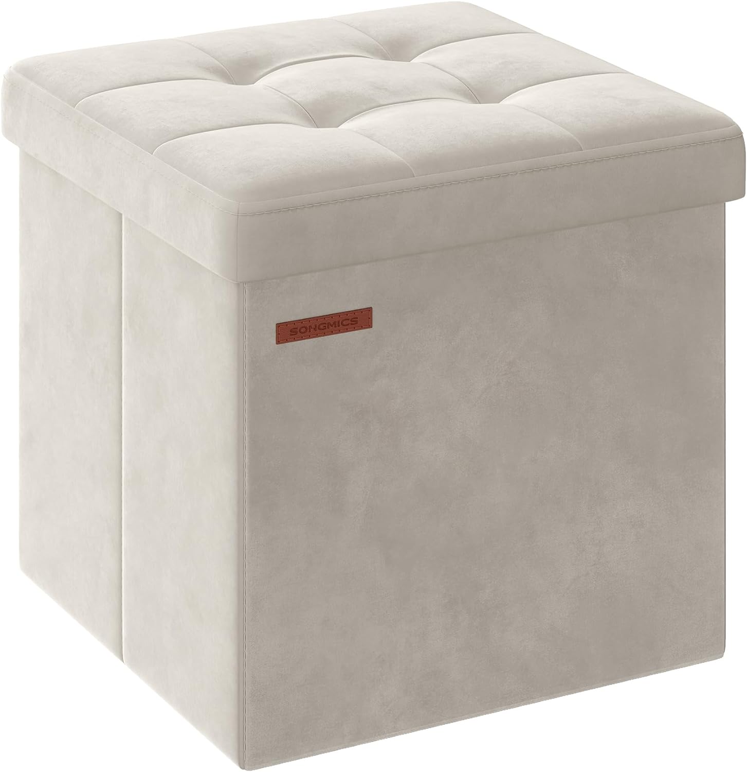 SONGMICS Small Storage Ottoman, Foldable Velvet Storage Box, Storage Chest, Foot Rest, 15 x 15 x 15 Inches, 660 lb Load Capacity, for Living Room, Bedroom, Dorm, Cream White ULSF227W01