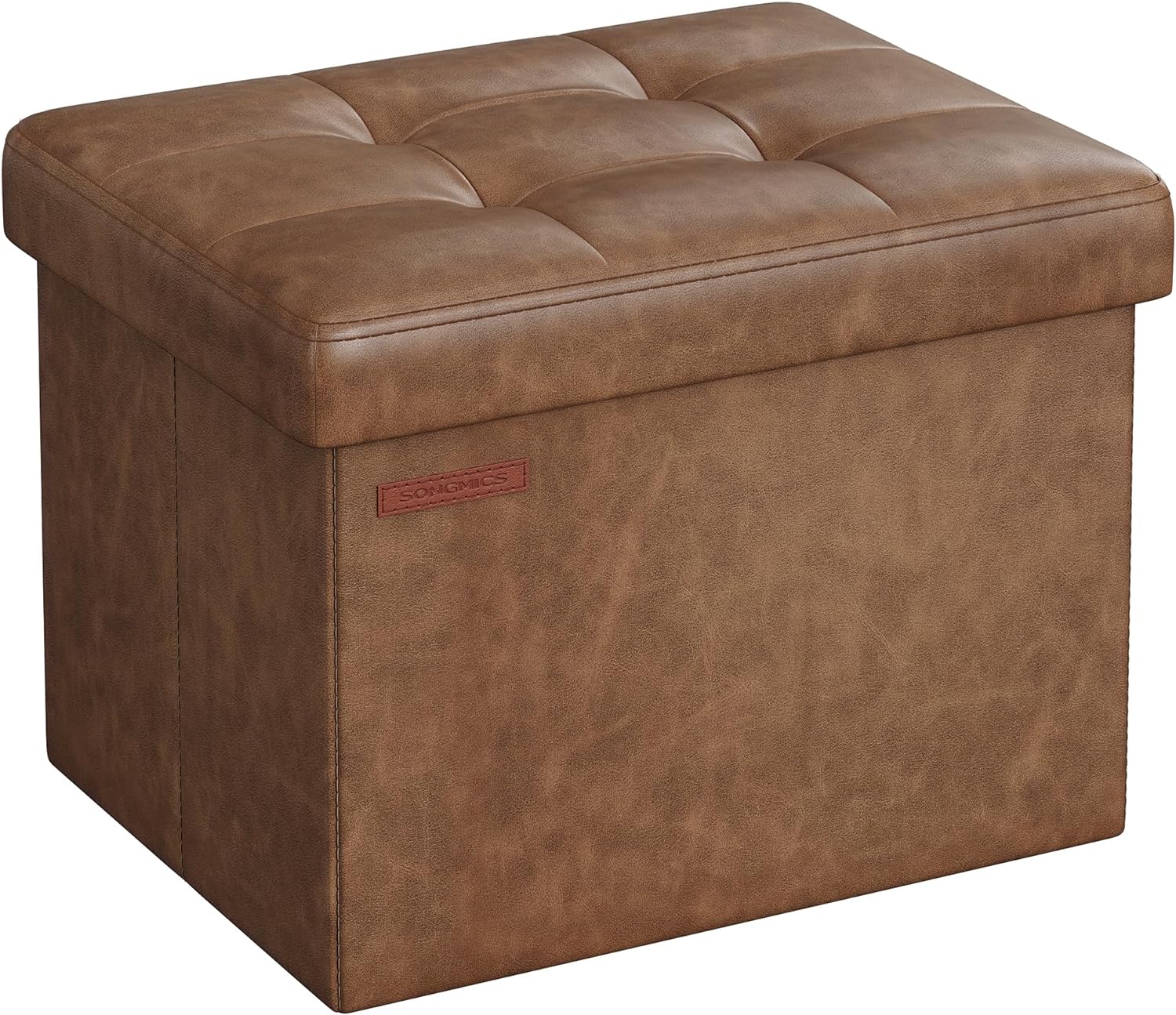 SONGMICS Small Folding Storage Ottoman, Foot Rest Stool, Cube Footrest, Synthetic Leather, 12.2 x 16.1 x 12.2 Inches, 286 lb Capacity, for Living Room, Bedroom, Dorm, Coffee Brown ULSF100K01