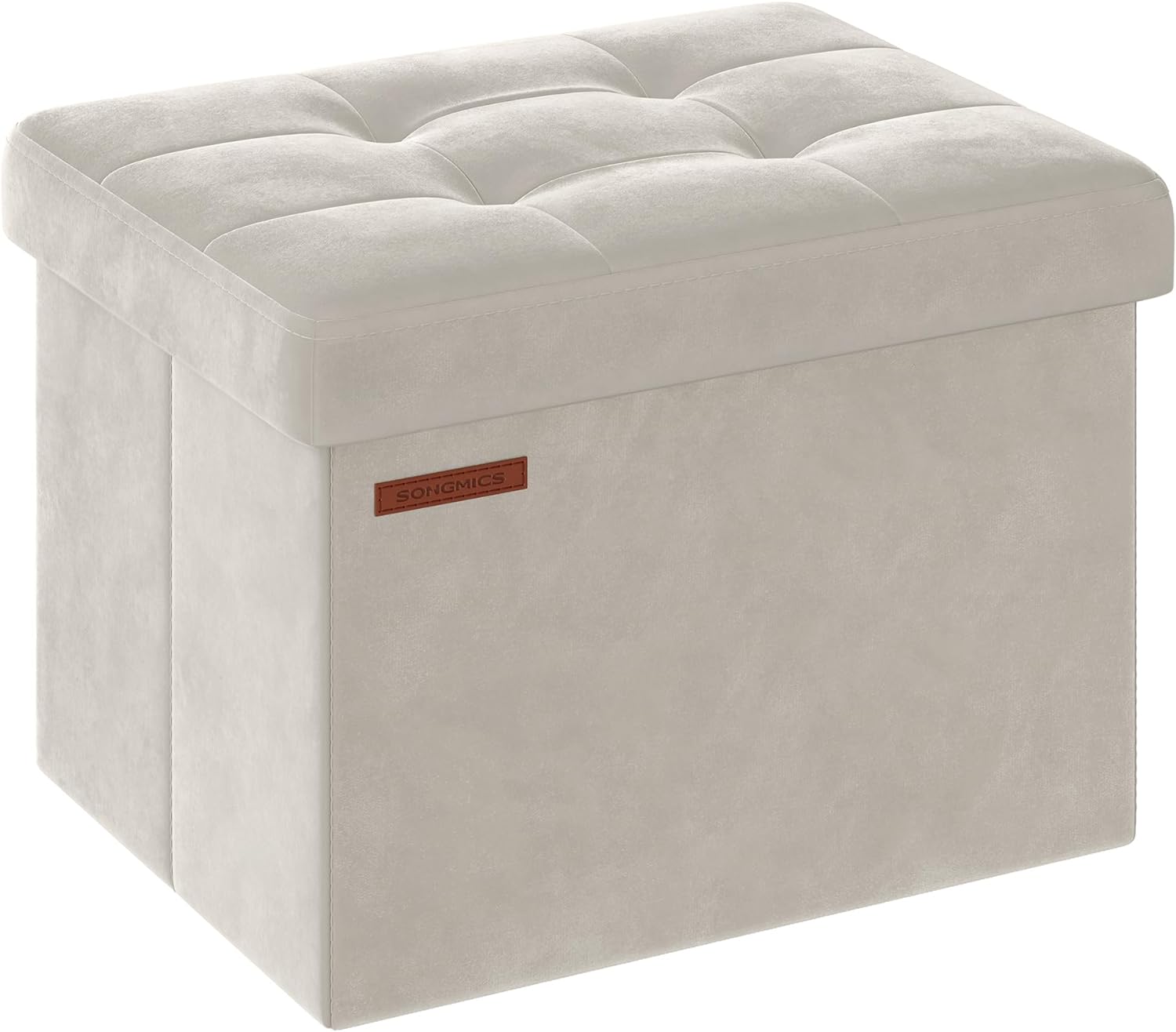 SONGMICS Small Storage Ottoman, Foldable Velvet Storage Box, Storage Chest, Foot Rest, 12.2 x 16.1 x 12.2 Inches, 286 lb Load Capacity, for Living Room, Bedroom, Dorm, Cream White ULSF200W01