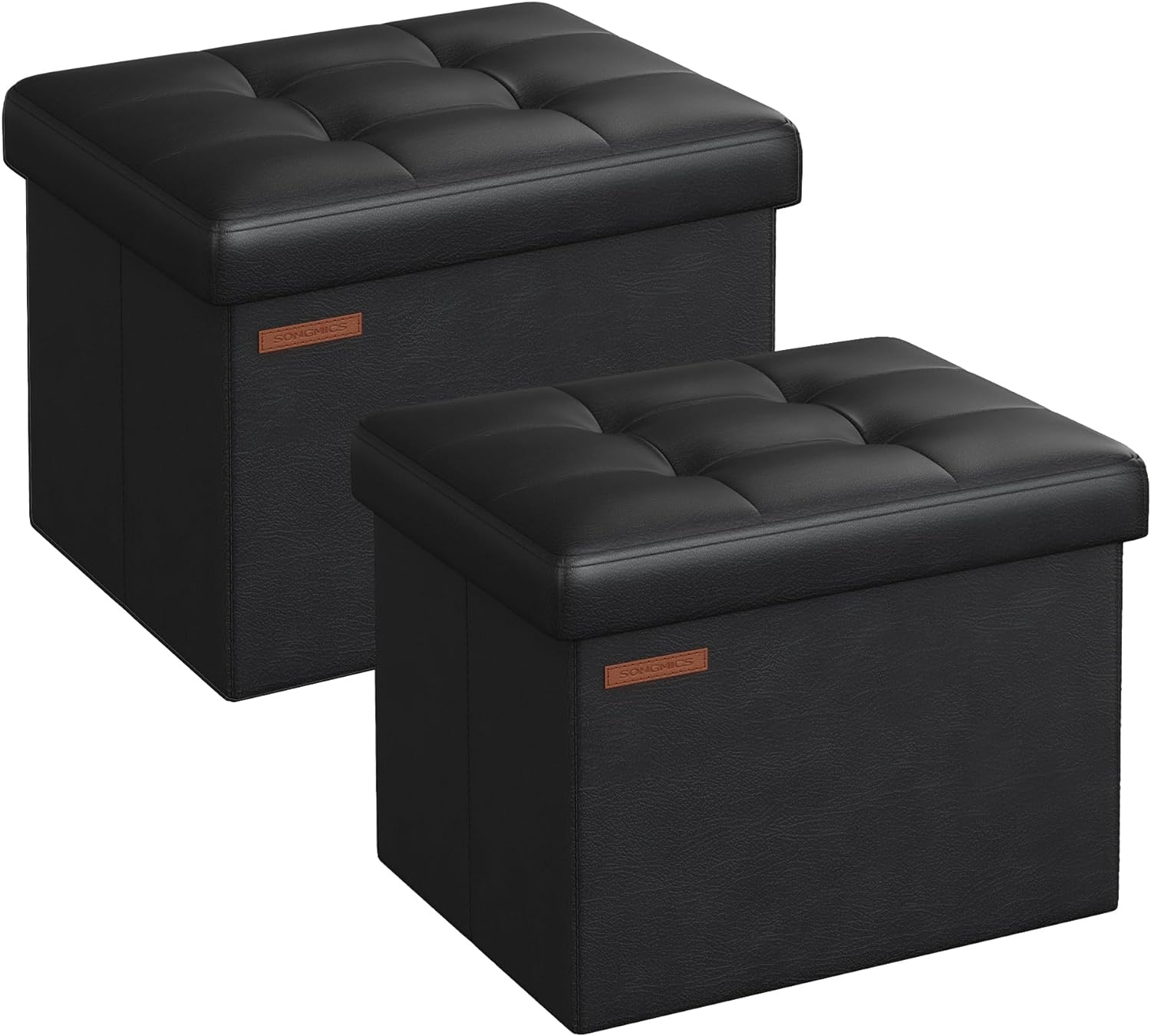 SONGMICS Small Folding Storage Ottoman, Set of 2, Foot Rest Stool, Cube Footrest, Synthetic Leather, 12.2 x 16.1 x 12.2 Inches, 286 lb Capacity, Living Room, Bedroom, Dorm, Ink Black ULSF100B21