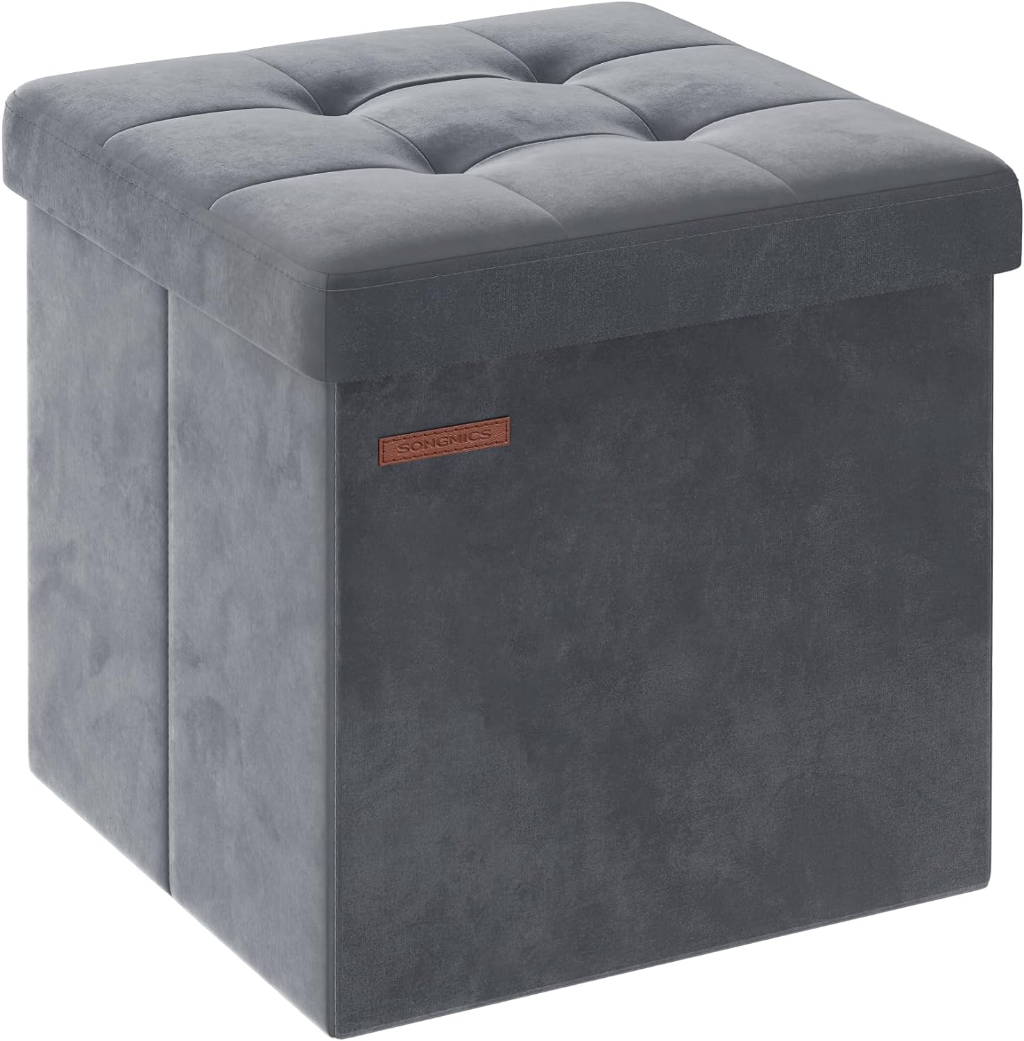 SONGMICS Small Storage Ottoman, Foldable Velvet Storage Box, Storage Chest, Foot Rest, 15 x 15 x 15 Inches, 660 lb Load Capacity, for Living Room, Bedroom, Dorm, Slate Gray ULSF227G01