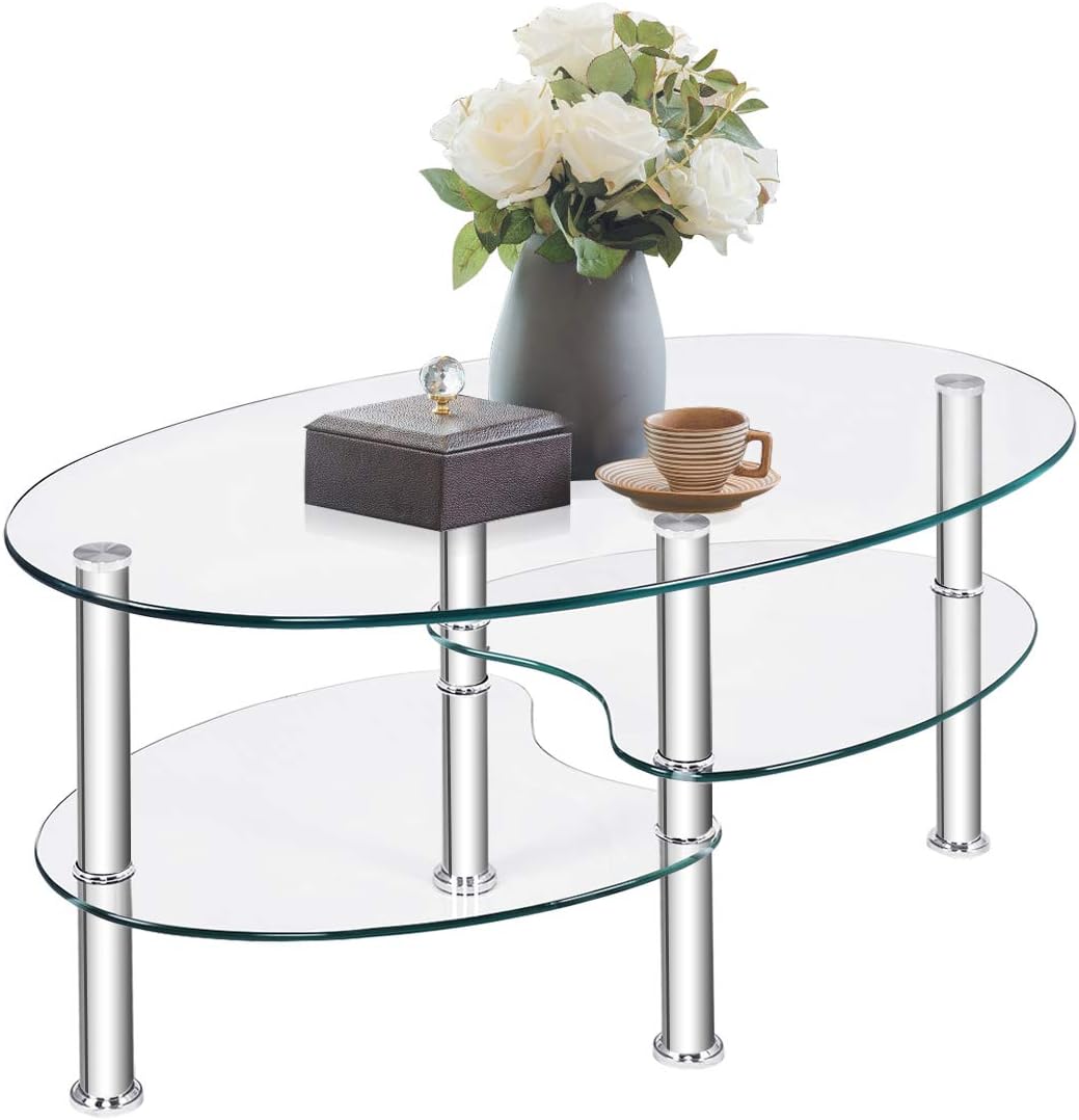 Tangkula Glass Coffee Table, Modern Furniture Decor 2-Tier Modern Oval Smooth Glass Tea Table End Table for Home Office with 2 Tier Tempered Glass Boards & Sturdy Chrome Plated Legs