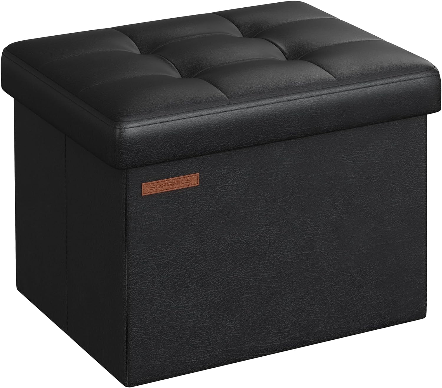 SONGMICS Small Folding Storage Ottoman, Foot Rest Stool, Cube Footrest, Synthetic Leather, 12.2 x 16.1 x 12.2 Inches, 286 lb Capacity, for Living Room, Bedroom, Dorm, Ink Black ULSF100B01