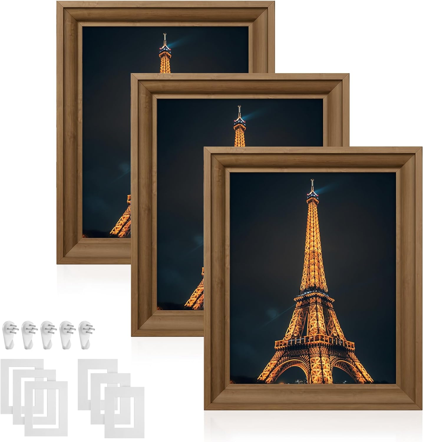 SONGMICS 8x10 Picture Frames with 6 Mats for Wall, Set of 3, Collage Photo Frames for 8x10, 5x7, 4x6 Pictures, Hanging or Table Display, Glass Front, 5 Non-Trace Nails, Teak Brown URPF046K01