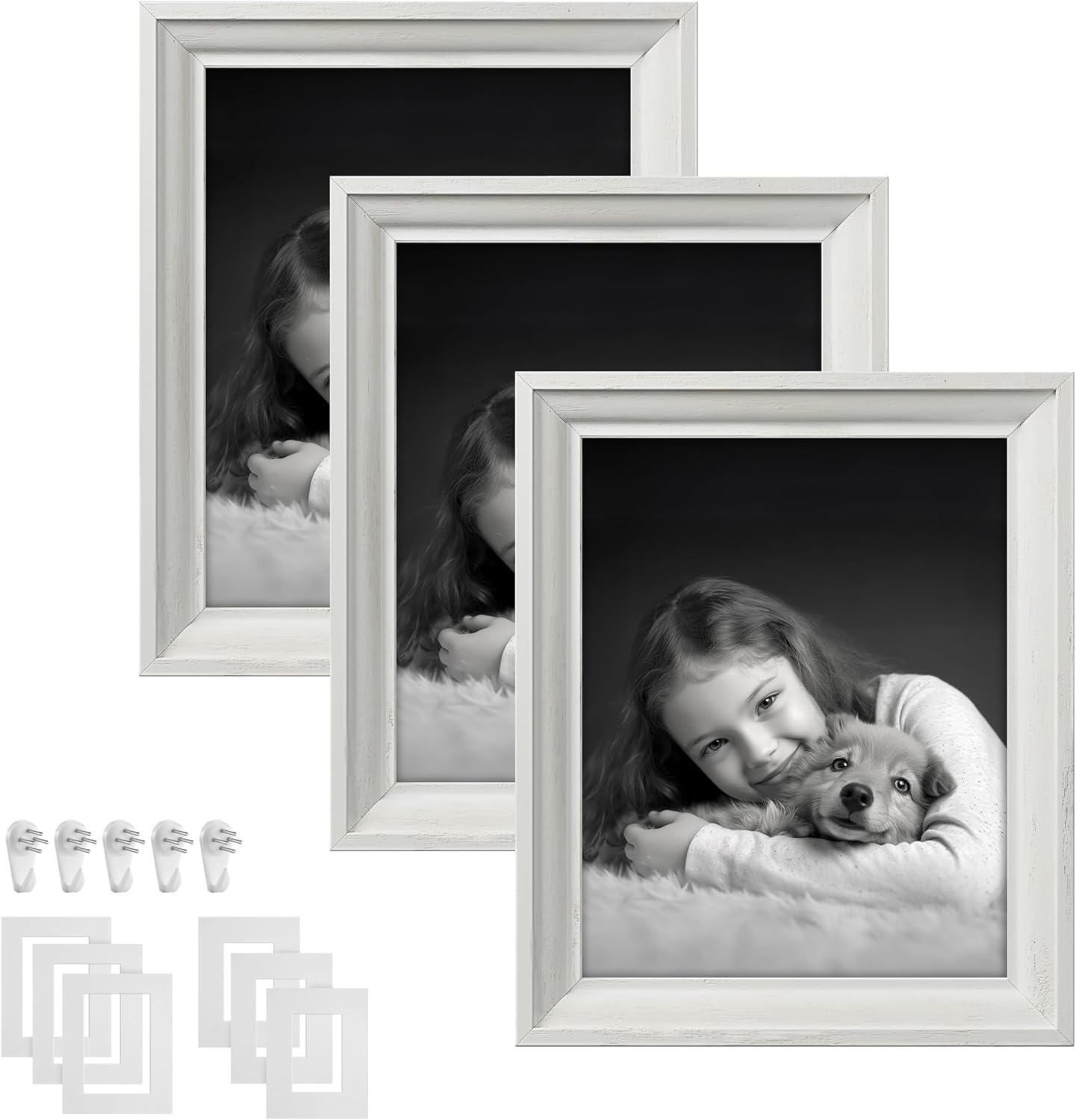 SONGMICS 8x10 Picture Frames with 6 Mats for Wall, Set of 3, Collage Photo Frames for 8x10, 5x7, 4x6 Pictures, Hanging or Table Display, Glass Front, 5 Non-Trace Nails, Rustic White URPF046W01