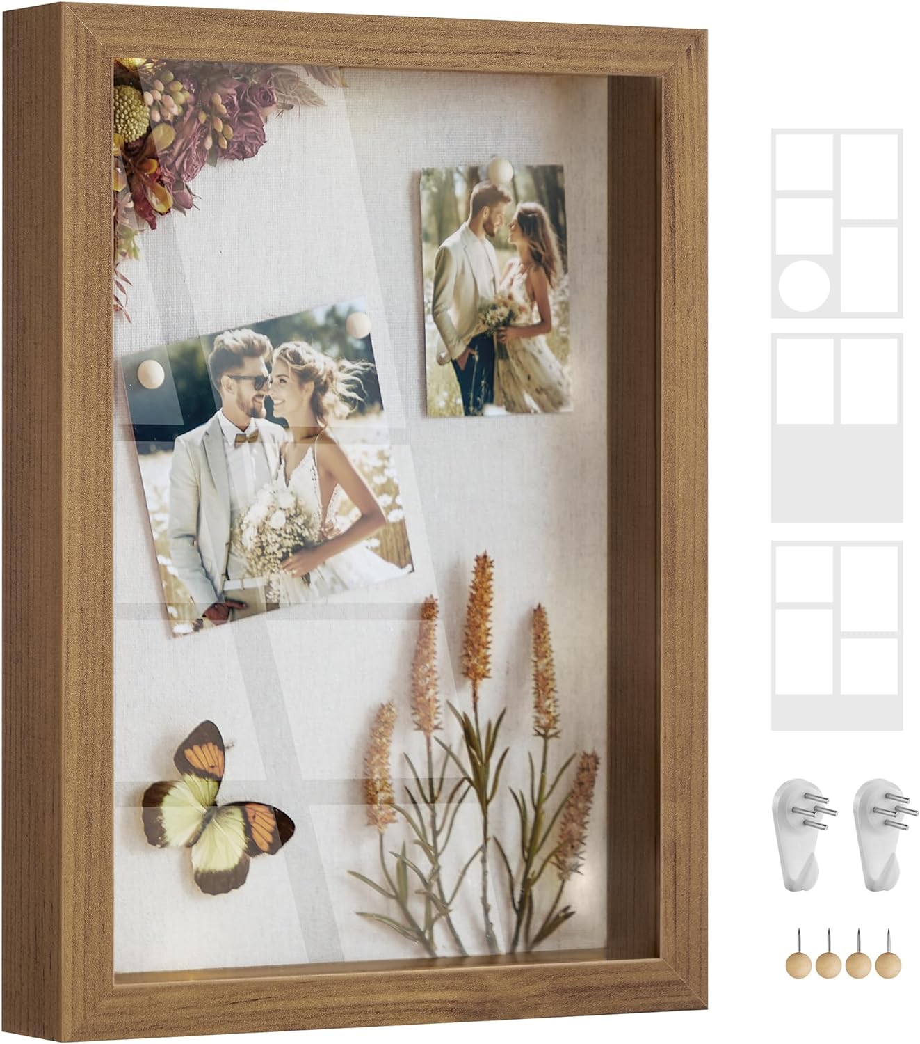 SONGMICS A4 Shadow Box Frame, 1.3-Inch Deep Memory Display Case for Desk Wall Decor, Box Picture Photo Frame with 4 Wood Push Pins, 3 Mats, 2 Non-Trace Nails, Gift, Teak Brown