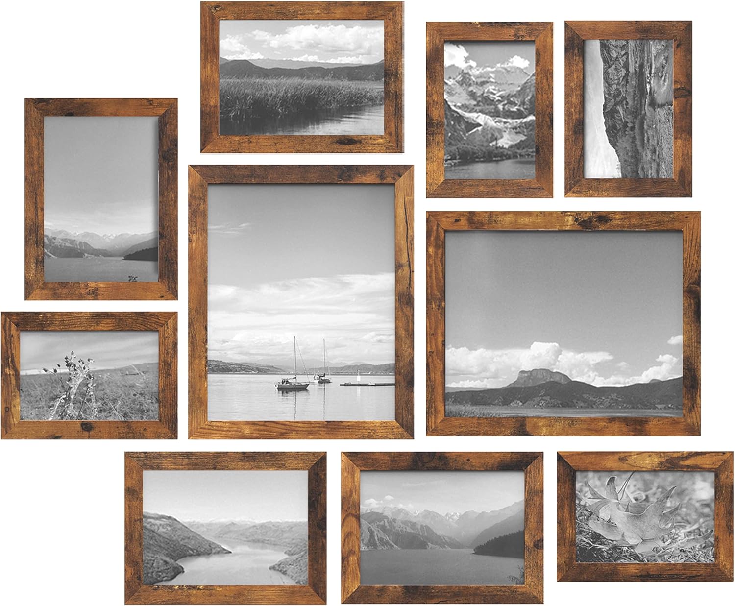 SONGMICS Picture Frames, 10 Pack Collage Picture Frames with Two 8x10, Four 5x7, Four 4x6, Photo Frame Set for Wall Gallery Decor, Hanging or Tabletop Display, Clear Glass Front, Rustic Brown