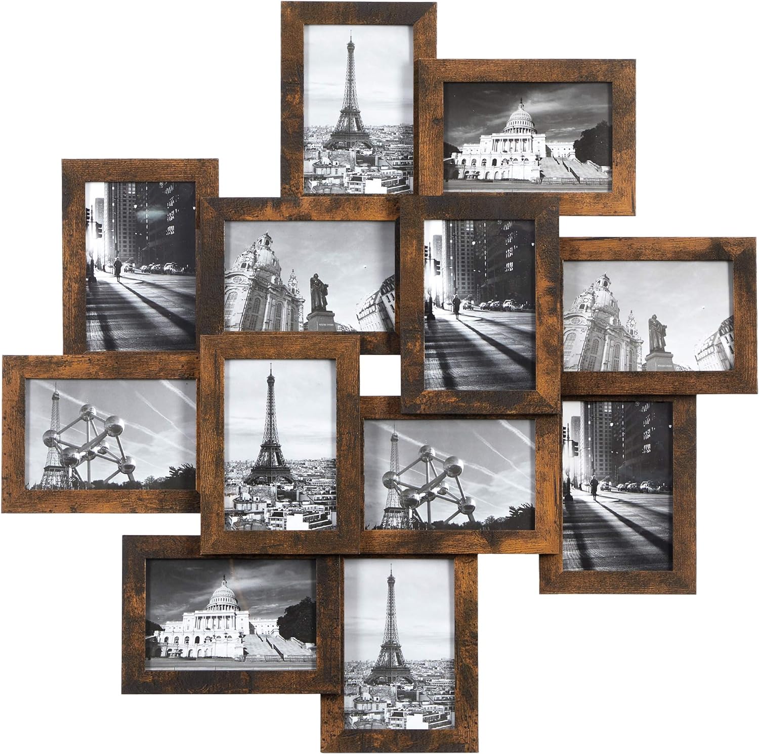 SONGMICS 4x6 Collage Picture Frames, 12-Pack Picture Frames Collage for Wall Decor, Rustic Brown Photo Collage Frame, Multi Picture Frame Set with Glass Front, Assembly Required