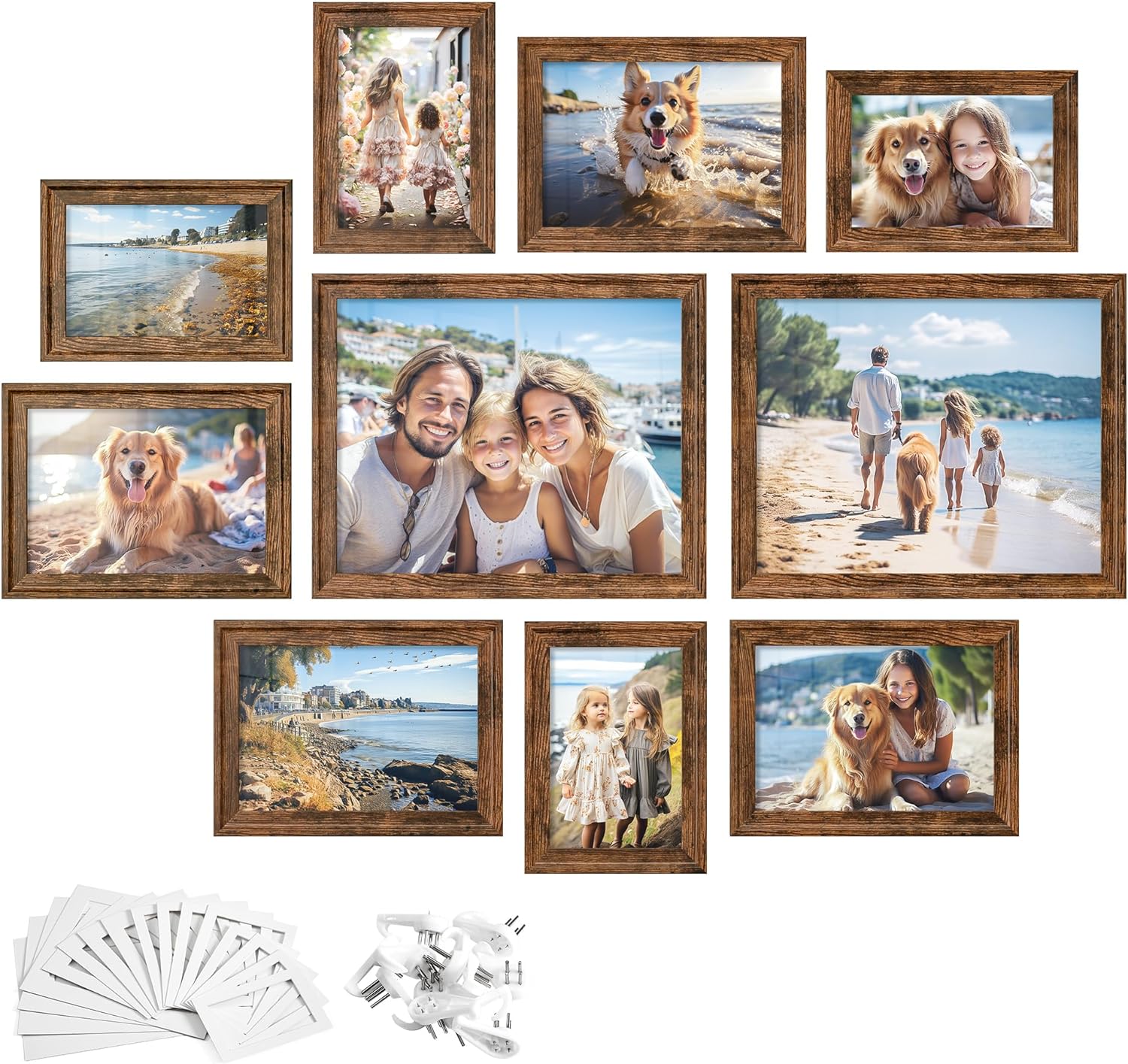 SONGMICS Picture Frames with 16 Mats, Set of 10, Collage Photo Frames with Two 8x10, Four 5x7, Four 4x6 Frames, Hanging or Tabletop Display, MDF and Glass, 12 Non-Trace Nails, Rustic Brown URPF049X01