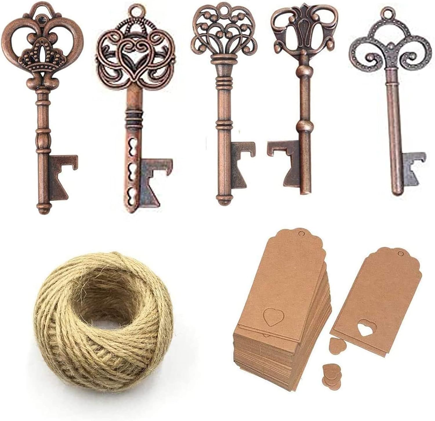 50pcs Copper Skeleton Key Beer Bottle Opener With 100 Pcs Blank Card and 98 Feet Hemp Rope for Wedding Party Favors (mixed 5 styles copper)