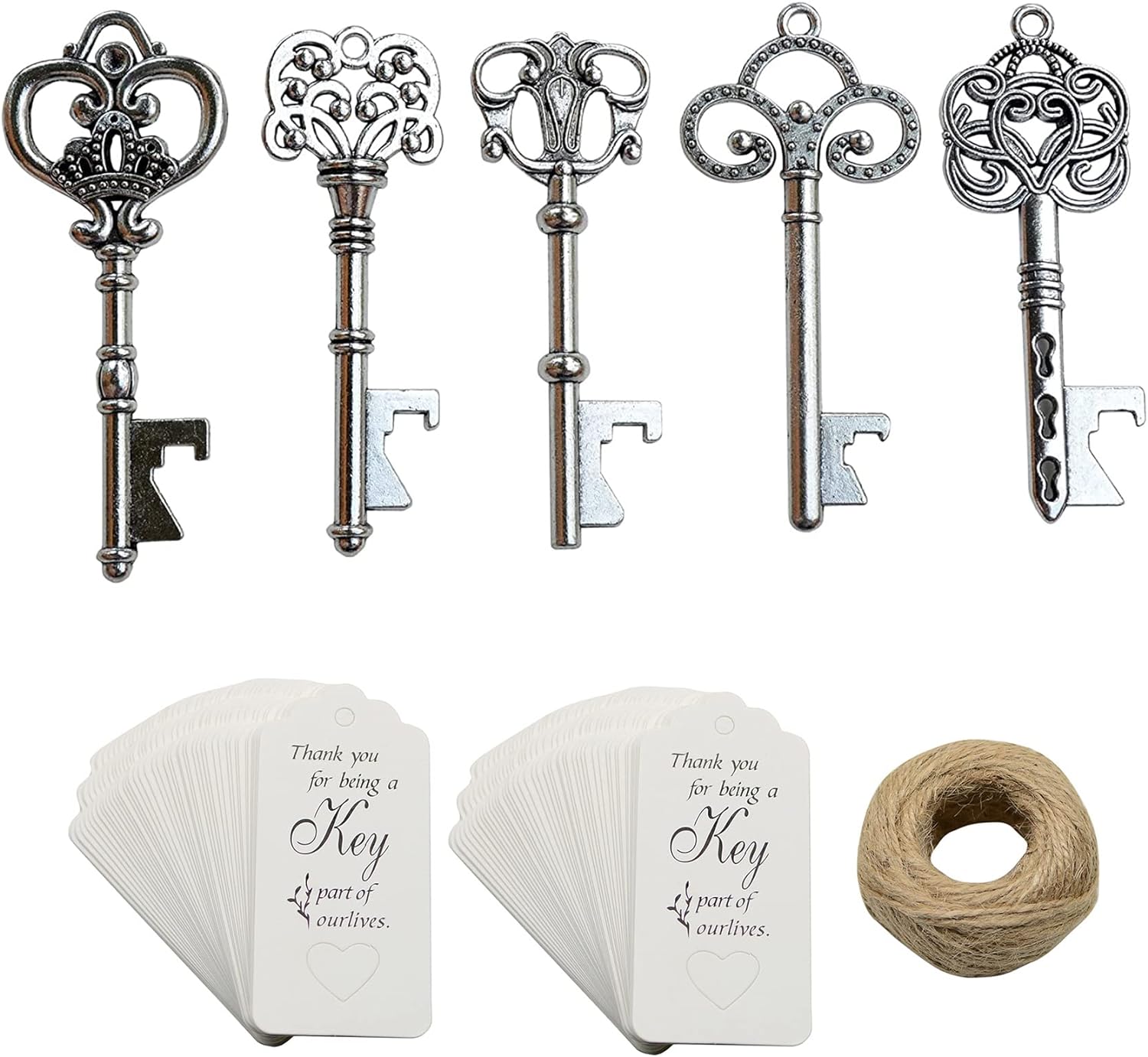 50pcs Silver Skeleton Key Beer Bottle Opener With 100 Pcs Thank You Card and 98 Feet Hemp Rope for Wedding Party Favors (Silver-White Cards)