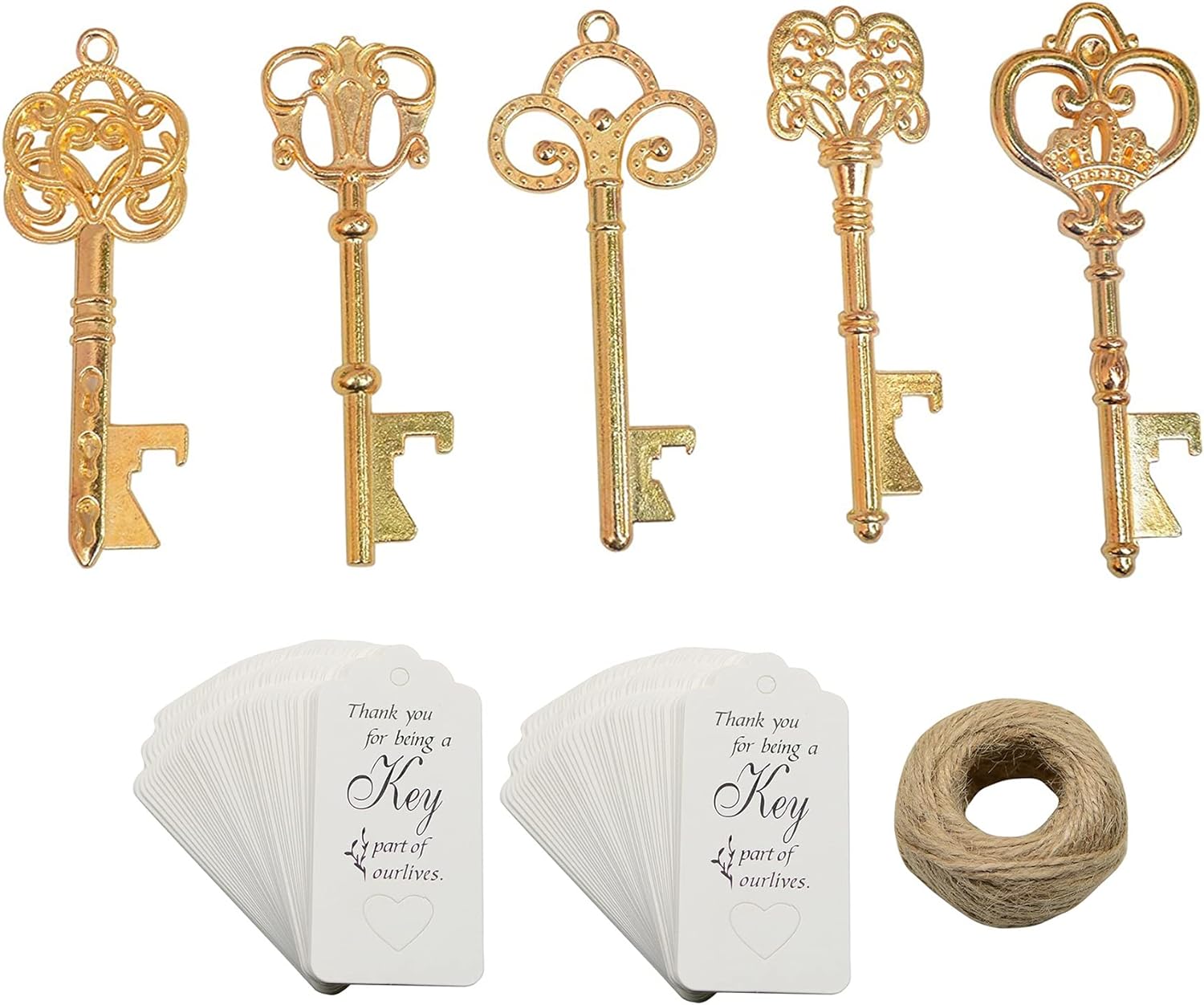 50pcs Gold Skeleton Key Beer Bottle Opener With 100 Pcs Thank You Card and 98 Feet Hemp Rope for Wedding Party Favors (Gold-White Cards)