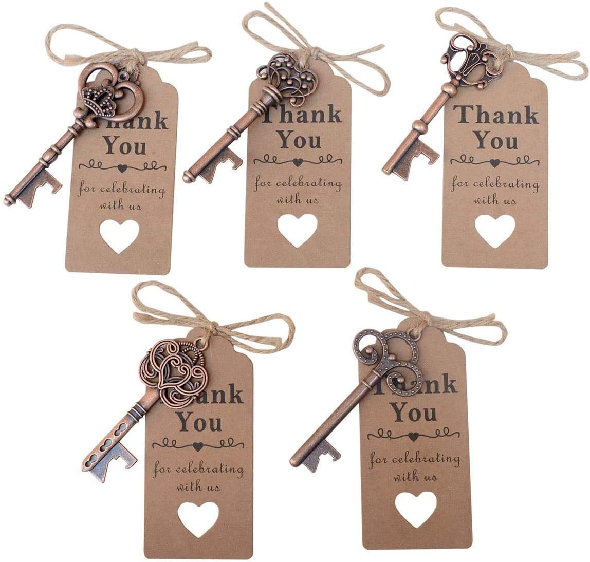 50 Pcs Copper Skeleton Key Beer Bottle Opener With 100 Pcs Thank You Card and 98 Feet Hemp Rope for Wedding Party Favors(50pcs Copper)