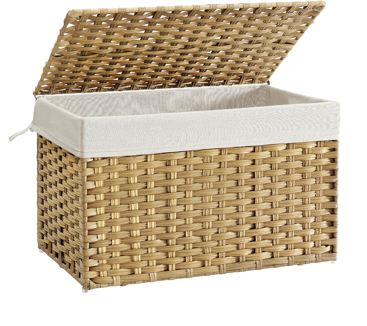 SONGMICS Storage Basket with Lid, 27.7 Gallon (105L) Storage Bin, Woven Blanket Storage Basket with Handles, Foldable, Removable Liner, Metal Frame, for Bedroom, Laundry Room, Natural URST066N01