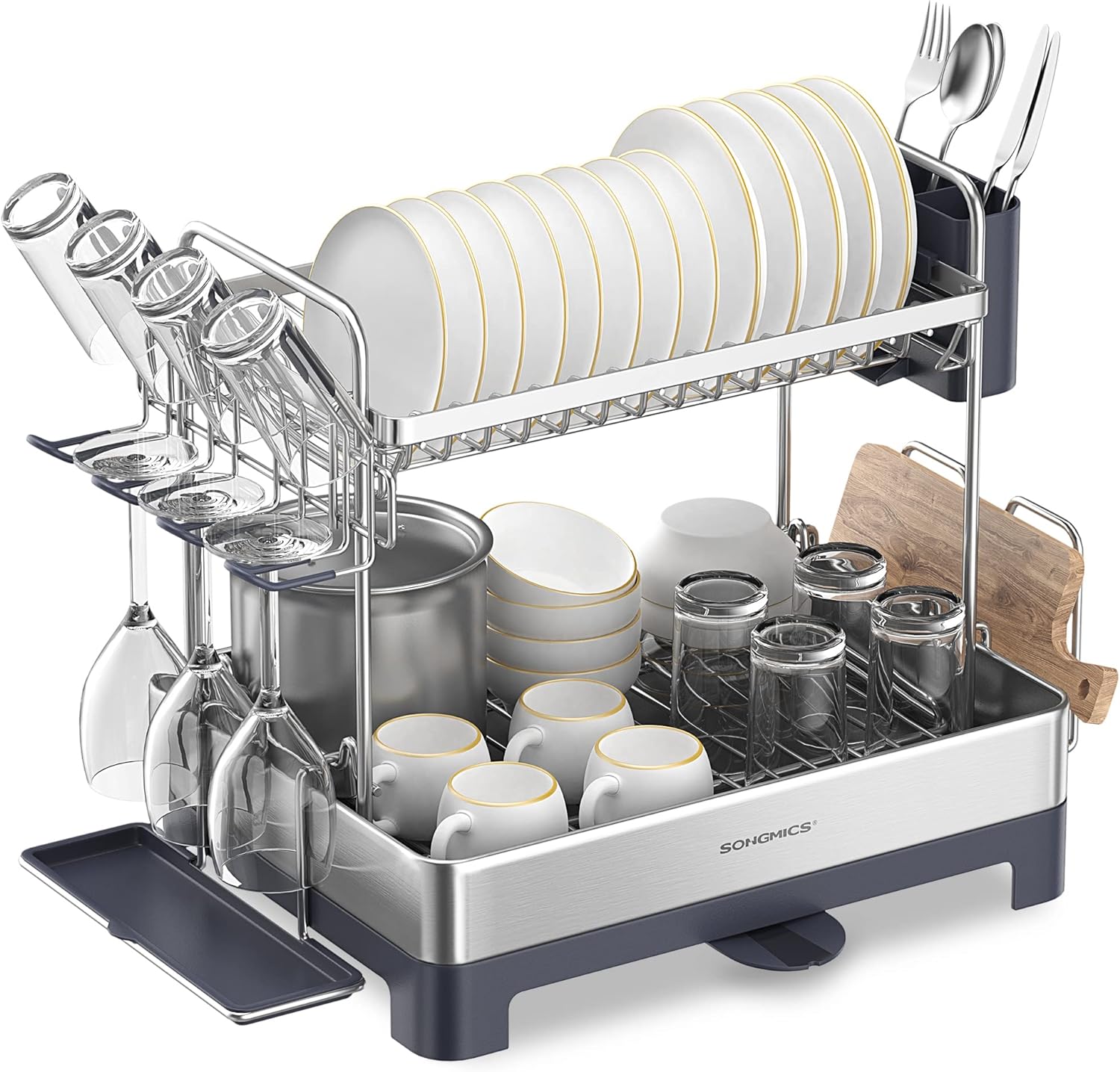 SONGMICS Dish Drying Rack - 2 Tier Dish Rack for Kitchen Counter with Rotatable and Extendable Drain Spout, Dish Drainer with Utensil, Cup, Glass, Cutting Board Holders, Gray UKCS032E01