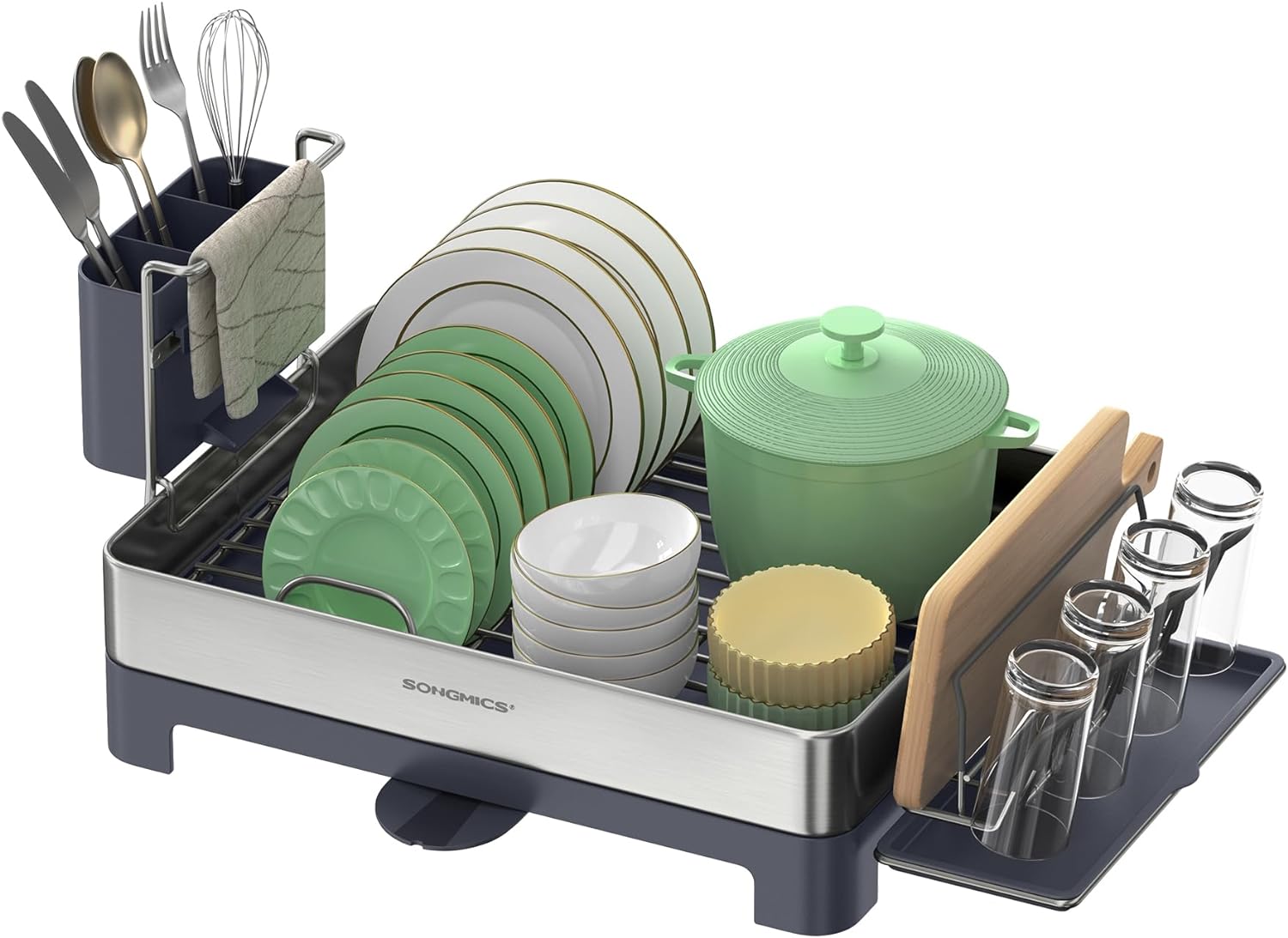 SONGMICS Dish Drying Rack, Stainless Steel Dish Rack with Rotatable Spout, Drainboard, Fingerprint-Resistant Dish Drainers for Kitchen Counter, 12.5 x 22.5 in, Silver and Gray UKCS030E01