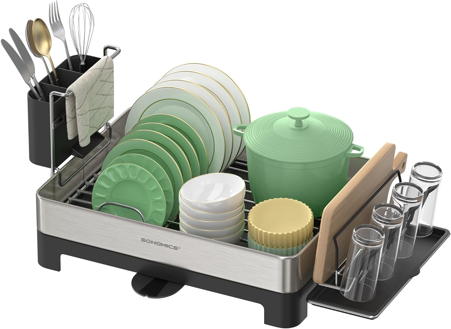 SONGMICS Dish Drying Rack, Stainless Steel Dish Rack with Rotatable Spout, Drainboard, Fingerprint-Resistant Dish Drainers for Kitchen Counter, 12.5 x 22.5 in, Silver and Black UKCS030B01