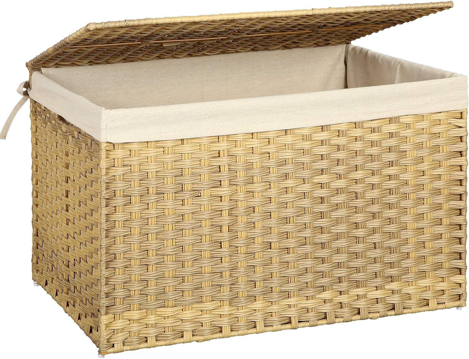 SONGMICS Storage Basket with Lid, 42.3 Gallon (160L) Storage Bin, Woven Blanket Storage Basket with Handles, Foldable, Removable Liner, Metal Frame, for Bedroom, Laundry Room, Natural URST76NL