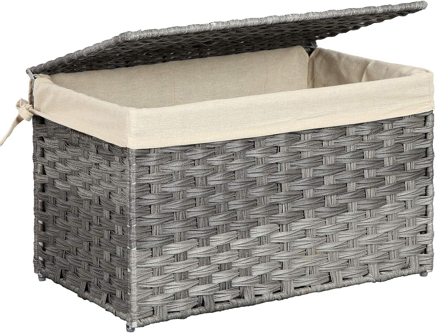 SONGMICS Storage Basket with Lid, 17.2 Gallon (65L) Storage Bin, Woven Blanket Storage Basket with Handles, Foldable, Removable Liner, Metal Frame, for Bedroom, Laundry Room, Gray URST56WG