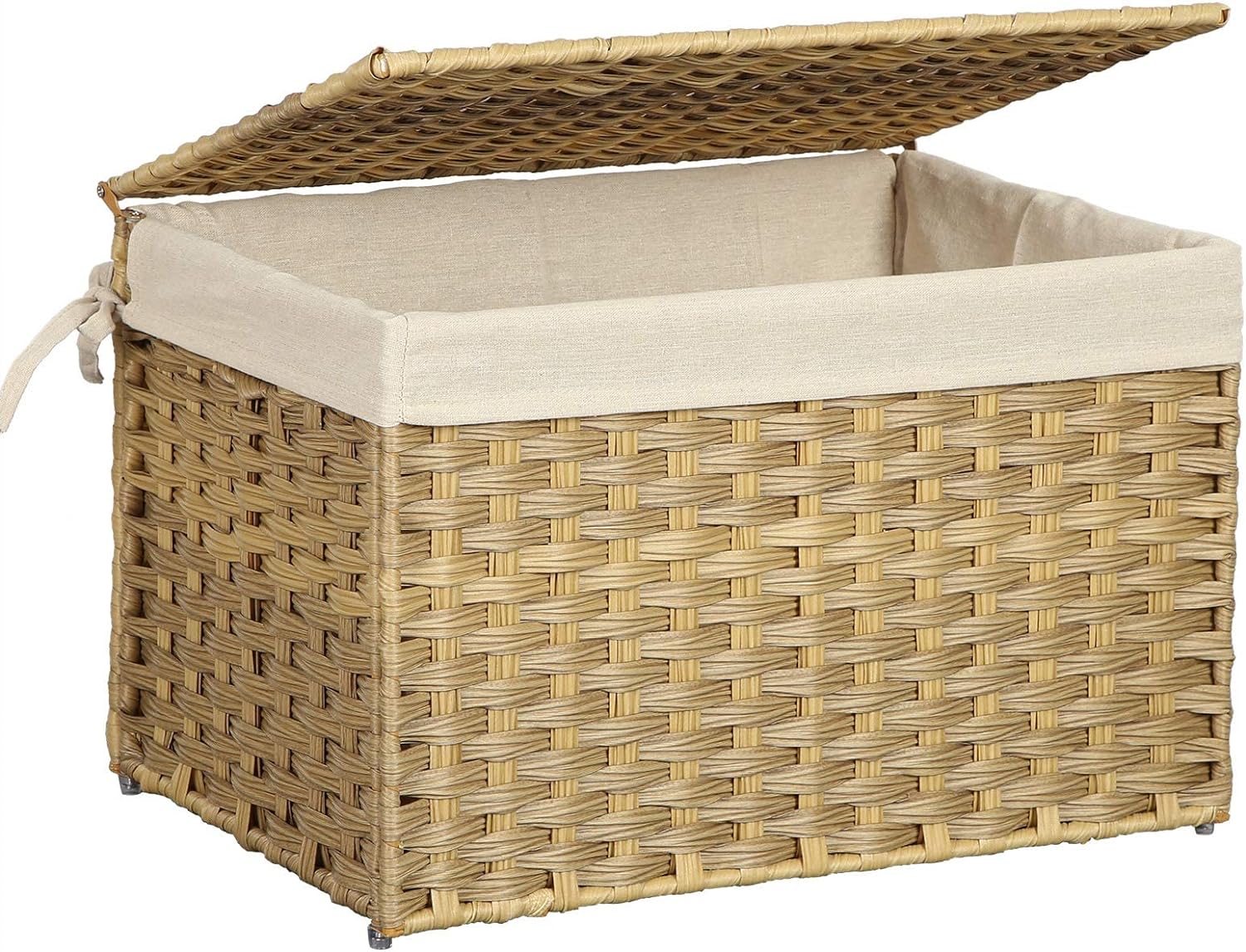 SONGMICS Storage Basket with Lid, 17.2 Gallon (65L) Storage Bin, Woven Blanket Storage Basket with Handles, Foldable, Removable Liner, Metal Frame, for Bedroom, Laundry Room, Natural URST56NL