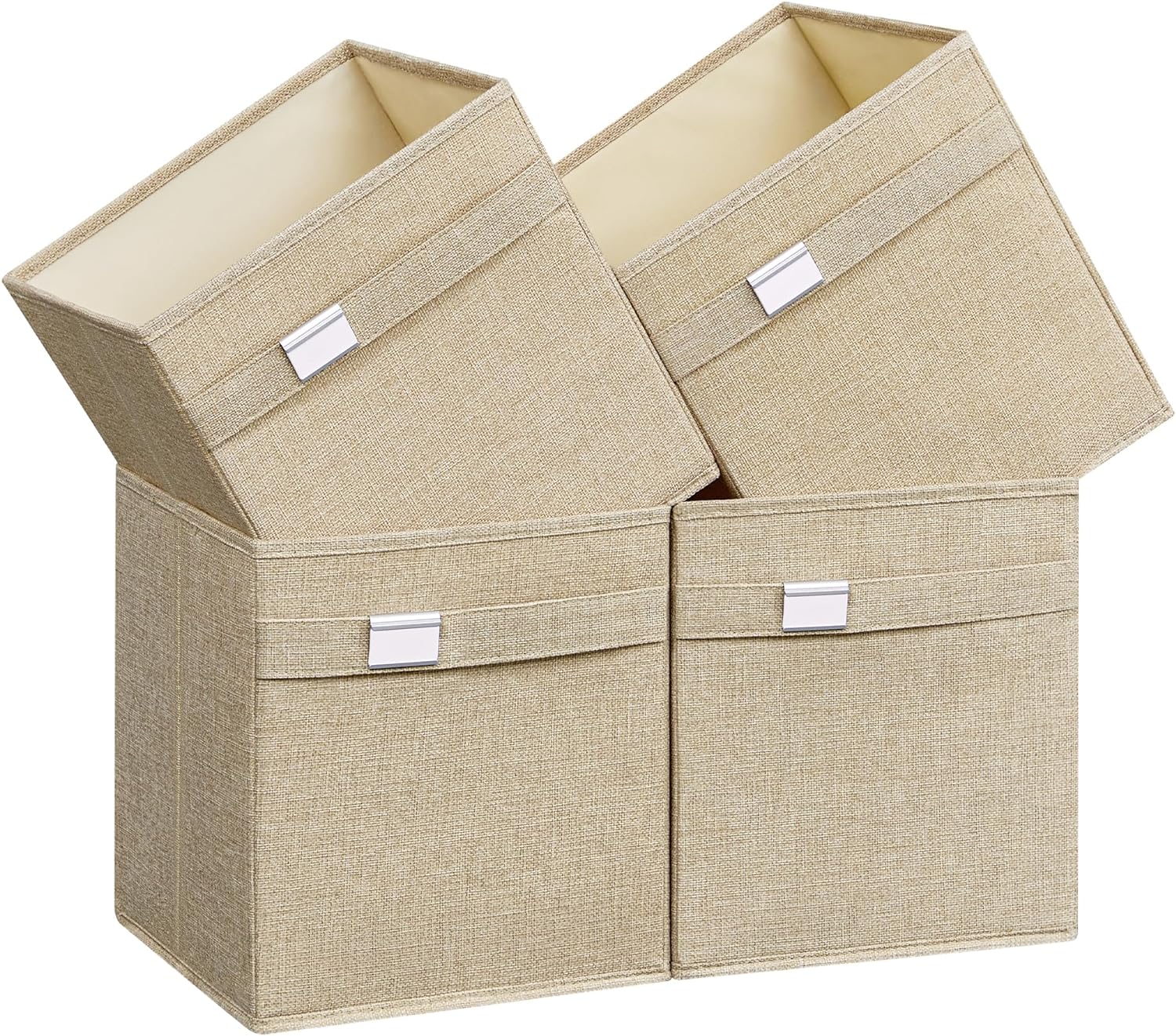 SONGMICS Storage Cubes, Set of 4 Cube Storage Bins, 2 Handles, 10.2 x 10.2 x 11 Inches, Oxford Fabric and Linen-Look Fabric, Washable, Foldable, Metal Label Holders, Sand Beige UROB226Y04