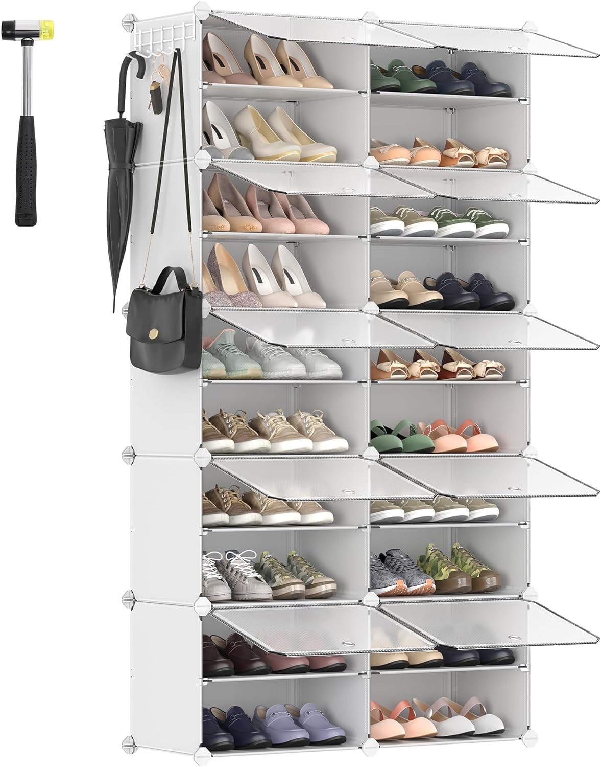 SONGMICS Shoe Rack, 10 Cubes Shoe Organizer with Doors, 40 Pair Plastic Shoe Storage Cabinet, for Bedroom, Entryway, Steel Frame, Plastic Panel, White ULPC035W01