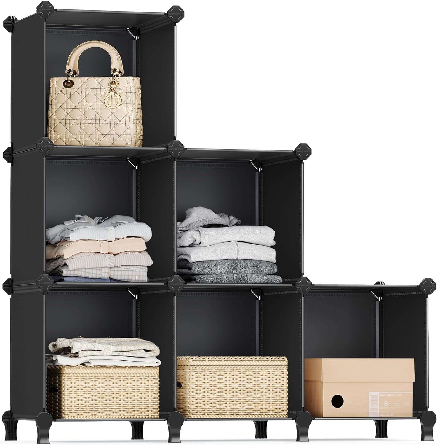 SONGMICS 6 Cube Storage Organizer, DIY Closet Shelf, Plastic Clothes Organizer, Modular Bookcase, 11.8 x 11.8 x 11.8 Inch Cubes, with Feet and Rubber Mallet, Black ULPC06H