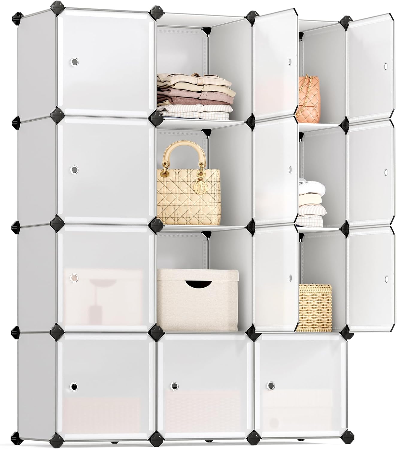 SONGMICS Cube Storage with Door, Set of 12 Plastic Cubes, Closet Storage Shelves, DIY Plastic Closet Cabinet, Modular Bookcase, Shelving with Doors for Bedroom, Living Room, White ULPC342W01