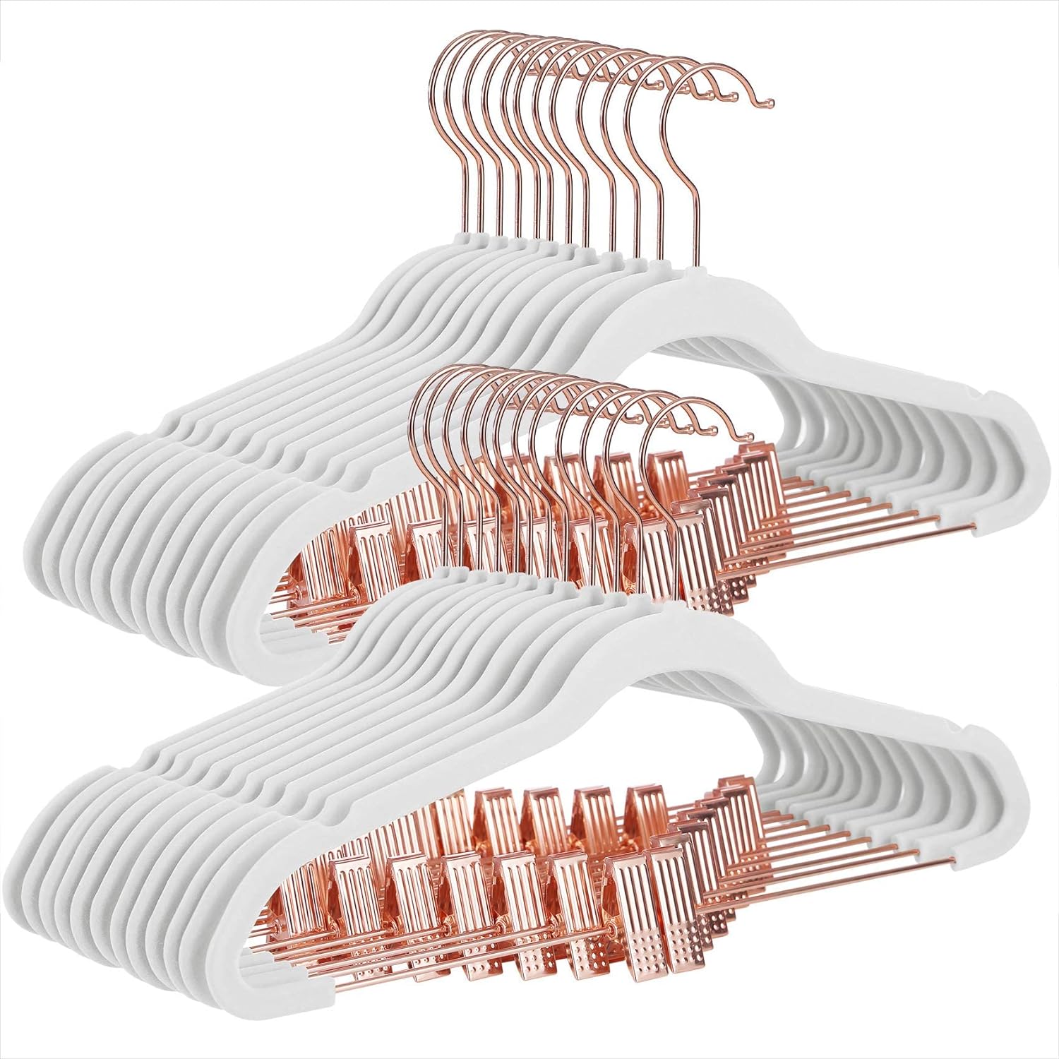 SONGMICS 24-Pack Velvet Pants Hangers, 16.7-Inch Long Coat Hangers with Rose Gold Colored Movable Clips, Heavy-Duty, Non-Slip, Space-Saving, for Pants, Skirts, Dresses, White UCRF014W01