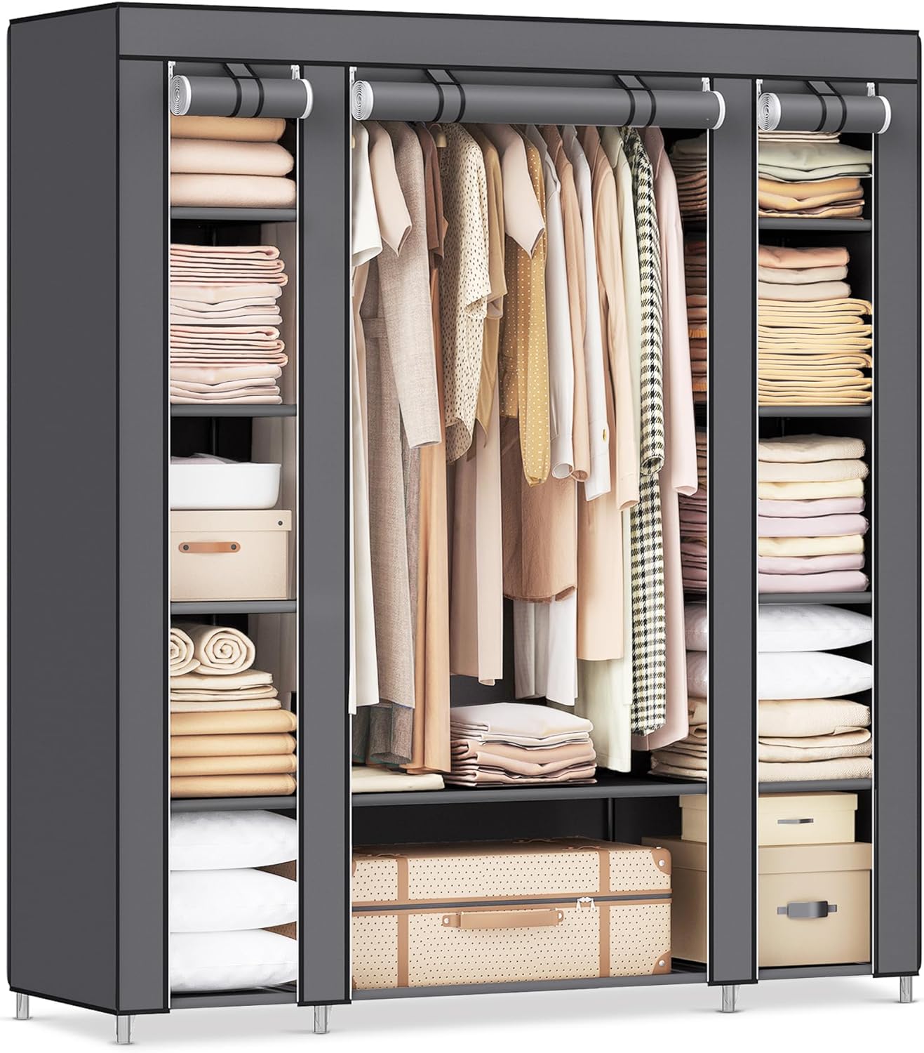 SONGMICS Closet Wardrobe, Portable Closet for Bedroom, Clothes Rail with Non-Woven Fabric Cover, Clothes Storage Organizer, 59 x 17.7 x 69 Inches, 12 Compartments, Gray ULSF03G