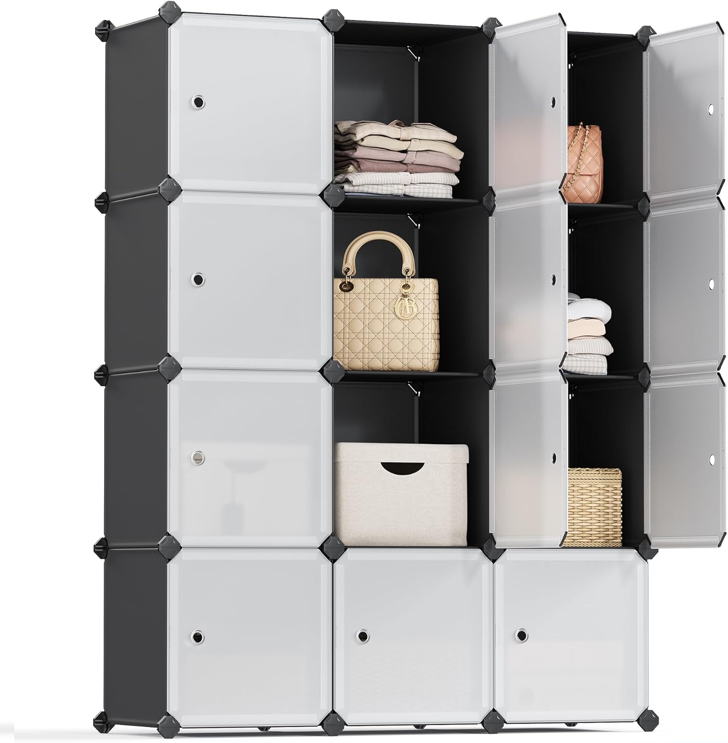 SONGMICS Cube Storage with Door, Set of 12 Plastic Cubes, Closet Storage Shelves, DIY Plastic Closet Cabinet, Modular Bookcase, Shelving with Doors for Bedroom, Living Room, Black and White ULPC34HV1