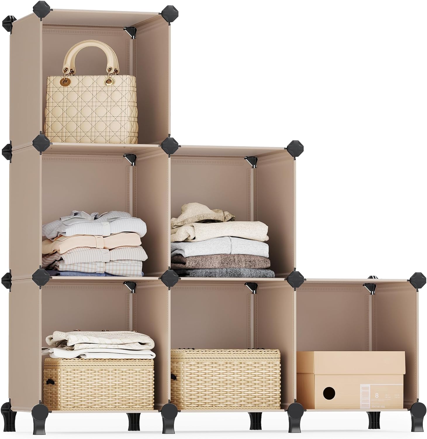 SONGMICS 6 Cube Storage Organizer, DIY Closet Shelf, Plastic Clothes Organizer, Modular Bookcase, 11.8 x 11.8 x 11.8 Inch Cubes, with Feet and Rubber Mallet, Camel Brown ULPC111K01