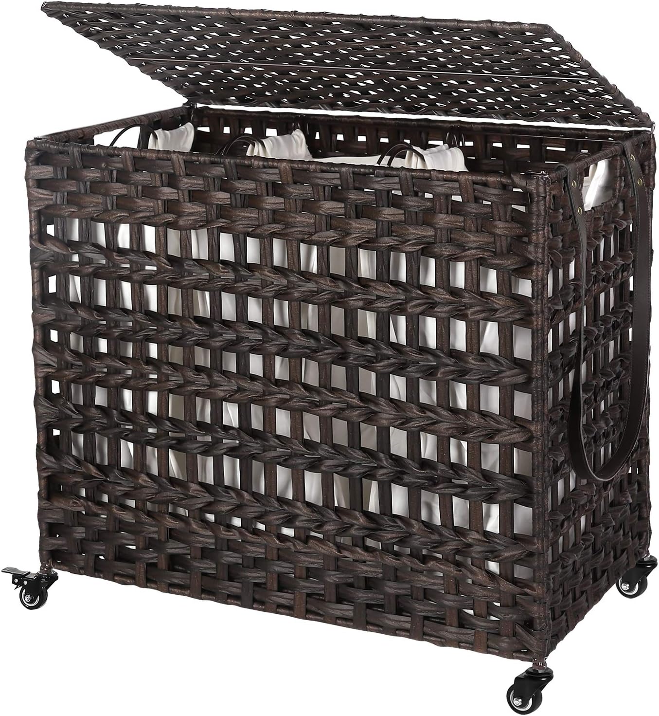 SONGMICS Laundry Hamper with Wheels & 3 Removable Liner Bags, 140L Synthetic Rattan Laundry Basket with Lid, Clothes Hamper with Handles, 3-Section Hampers, Laundry Room, Brown ULCB083K01