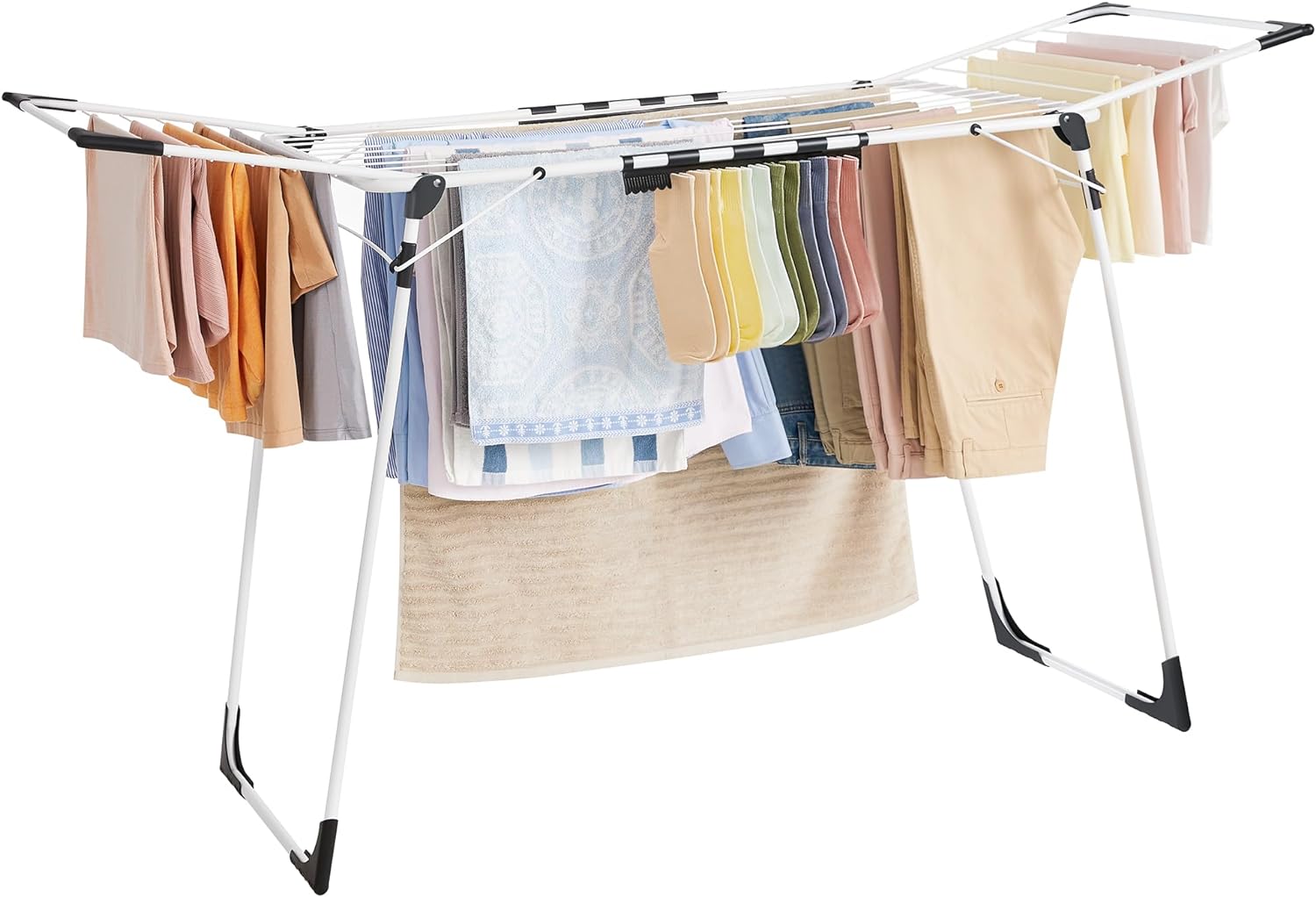 SONGMICS Clothes Drying Rack Foldable, Gullwing Laundry Drying Rack, Space-Saving, 22.2 x 68.1 x 38 Inches, Sock Clips, Metal Structure, for Clothes, Towels, Linens, Indoor/Outdoor White ULLR518W01