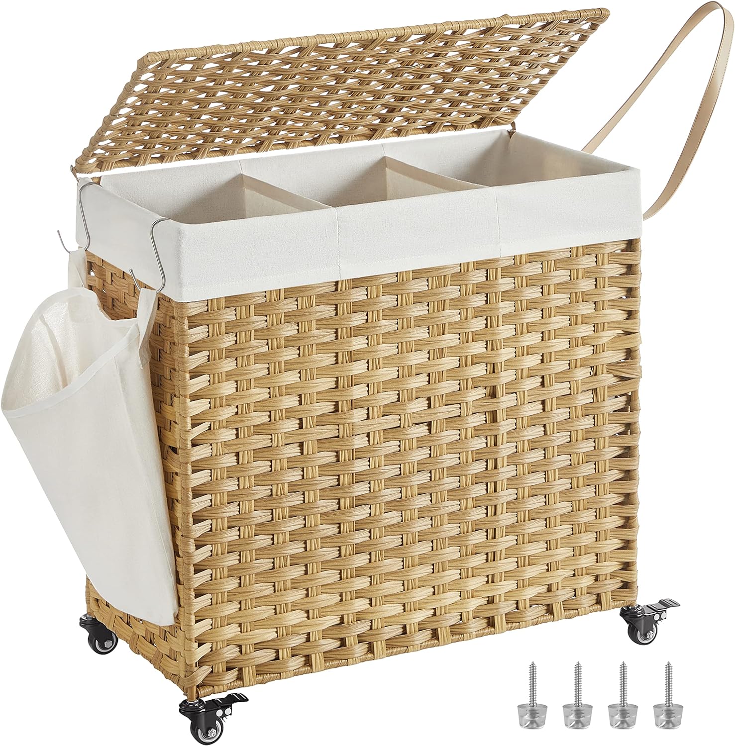 SONGMICS Laundry Hamper with Lid, 37 Gallon (140L), Rolling Laundry Basket with Wheels, 3-Section Synthetic Rattan Laundry Hamper, Removable Liner, Bedroom, 26x13x26 Inches, Natural ULCB363N01