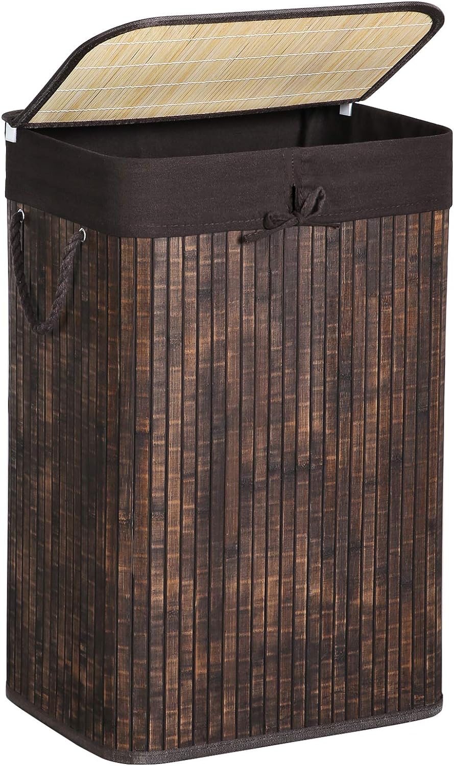 SONGMICS Laundry Hamper with Lid, Bamboo Laundry Basket with Liner Bag, Foldable Storage Hamper with Handles in Bedroom Closet Laundry, 72L, Rustic Brown ULCB10WN