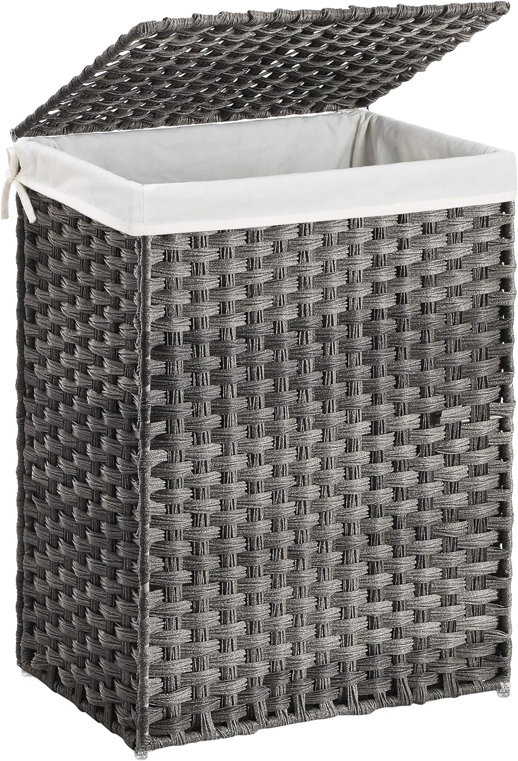 SONGMICS Handwoven Laundry Hamper, 23.8 Gal (90L) Synthetic Rattan Clothes Laundry Basket with Lid and Handles, Foldable, Removable Liner Bag, Gray ULCB51WG