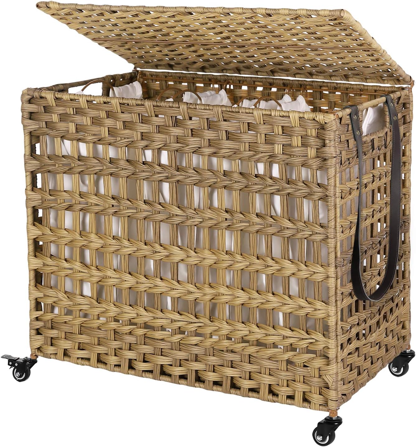 SONGMICS Laundry Hamper with Wheels & 3 Removable Liner Bags, 140L Synthetic Rattan Laundry Basket with Lid, Clothes Hamper with Handles, 3-Section Hampers, Laundry Room, Natural ULCB083N01