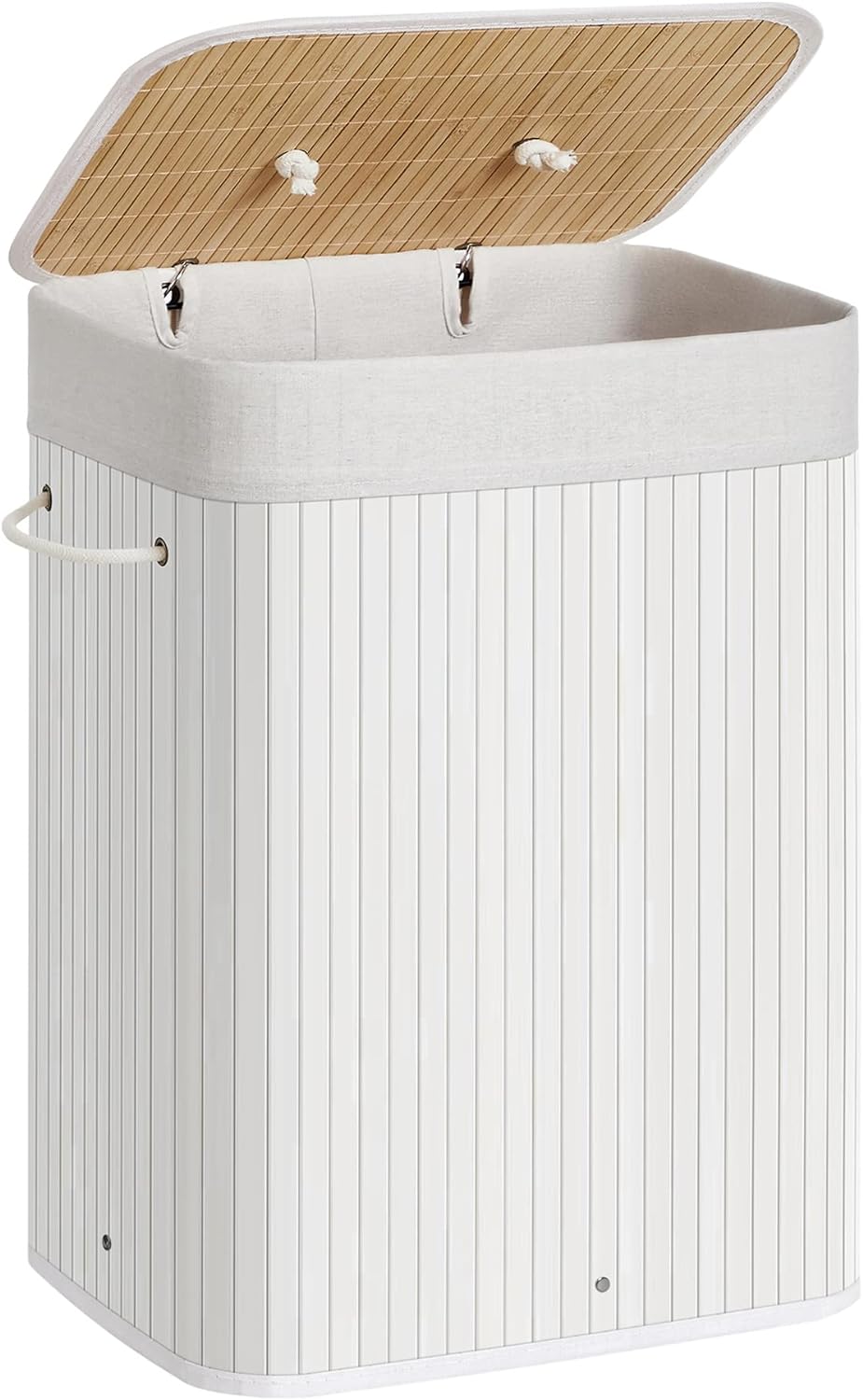 SONGMICS Foldable Laundry Hamper with Lid, 19 Gal. Bamboo Laundry Basket, Rectangular Storage Hamper with 3 Handles, 15.7 x 11.8 x 23.6 Inches, for Laundry Room, Bedroom, White ULCB010W01