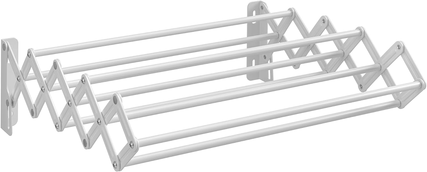 SONGMICS Clothes Drying Rack, Wall-Mounted Drying Rack Clothing, Accordion Laundry Rack, 9 Staggered Hanging Rods, Expandable and Retractable, Steel, Cloud White ULLR802W01