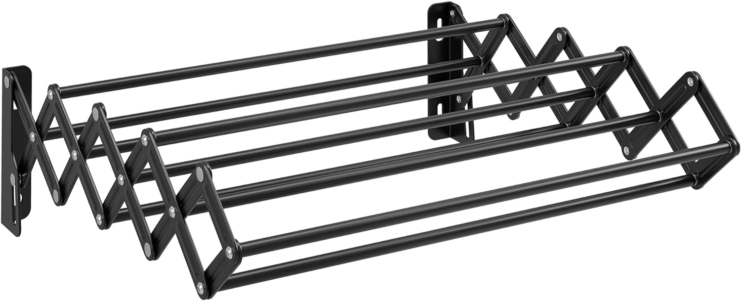 SONGMICS Clothes Drying Rack, Wall-Mounted Drying Rack Clothing, Accordion Laundry Rack, 9 Staggered Hanging Rods, Expandable and Retractable, Steel, Ink Black ULLR802B01