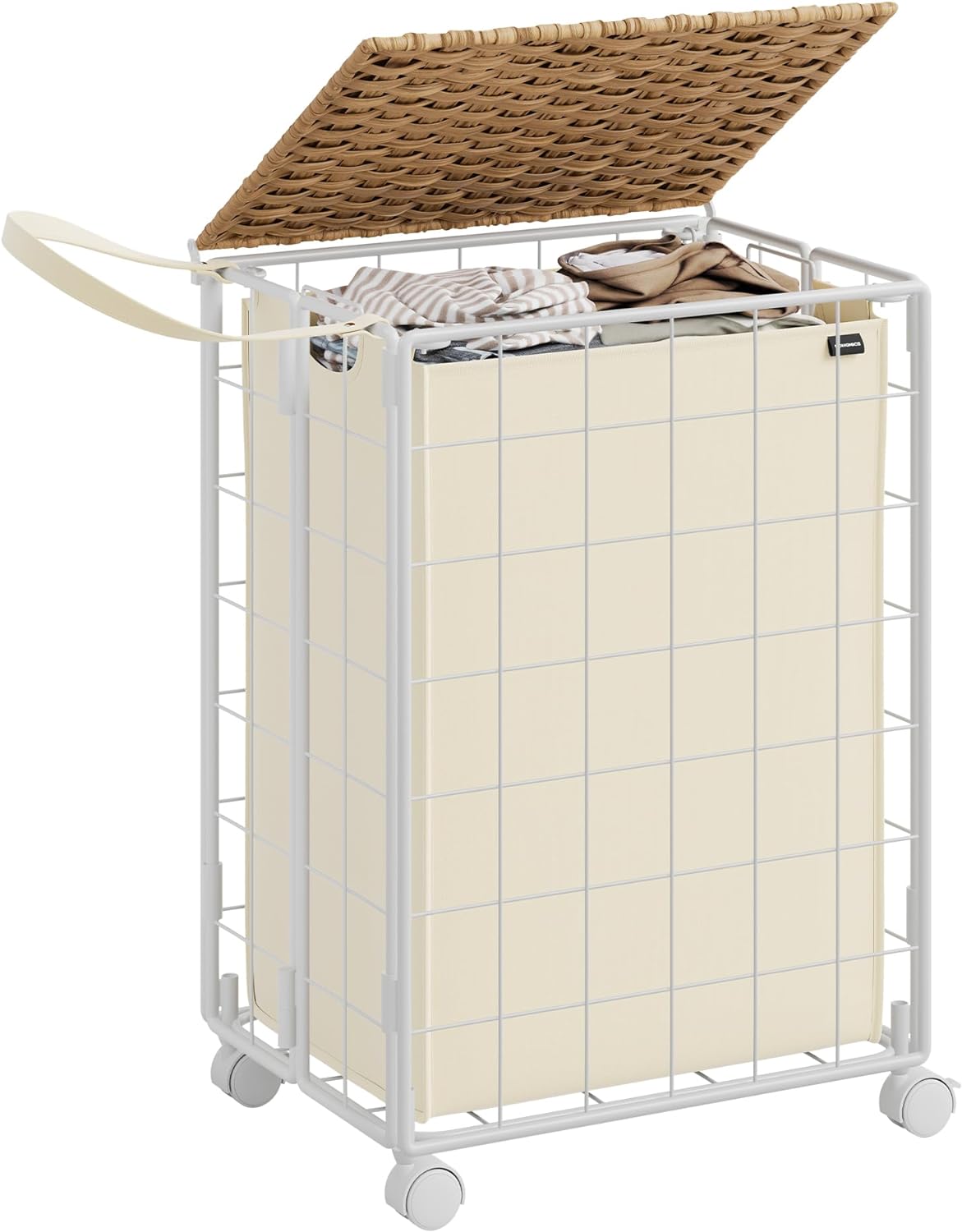 SONGMICS Laundry Hamper, 90L Laundry Basket with Wheels, Clothes Hamper with Ratten Lid, Collapsible Removable Liner Bag, Iron-Made Laundry Sorter, Natural Beige and Cream White ULCB290N01