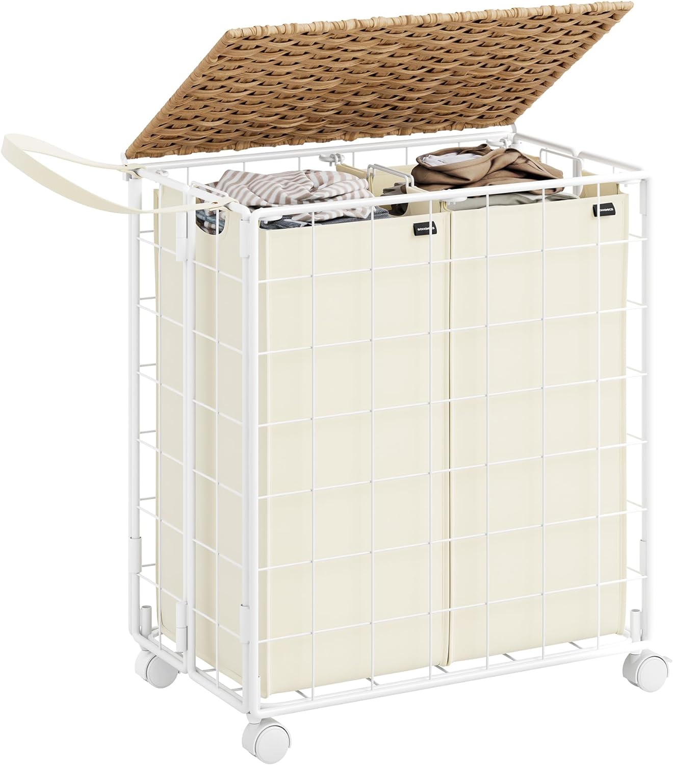 SONGMICS Laundry Hamper, 110L Laundry Basket with Wheels, Clothes Hamper 2 Section with Ratten Lid, Collapsible Removable Liner Bag, Iron-Made Laundry Sorter, Natural Beige and Cream White ULCB211N01