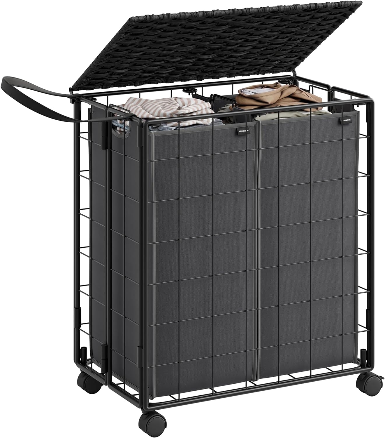 SONGMICS Laundry Hamper, 110L Laundry Basket with Wheels, Clothes Hamper 2 Section with Ratten Lid, Collapsible Removable Liner Bag, Iron-Made Laundry Sorter, Ink Black and Slate Gray ULCB211B11