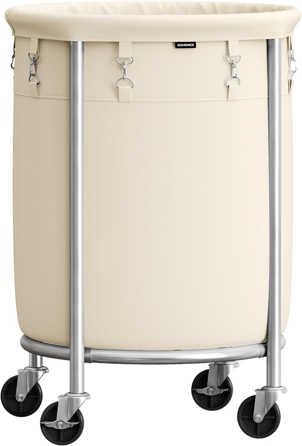 SONGMICS Laundry Basket with Wheels, Rolling Laundry Hamper, 29 Gal., Round Laundry Cart with Steel Frame and Removable Bag, 4 Casters and 2 Brakes, Cream and Silver URLS002W01