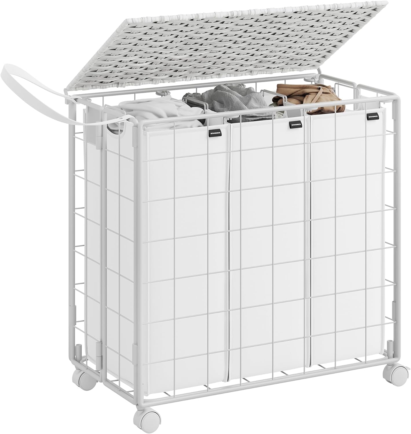 SONGMICS Laundry Hamper, 130L Laundry Basket with Wheels, Clothes Hamper 3 Section with Ratten Lid, Collapsible Removable Liner Bag, Iron-Made Laundry Sorter, Cloud White ULCB313W01